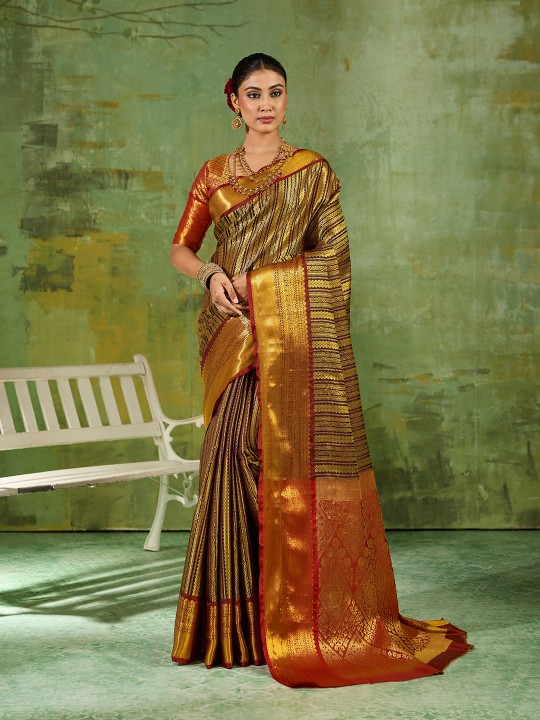 Brown Striped Zari Work Kanjivaram Silk Saree
