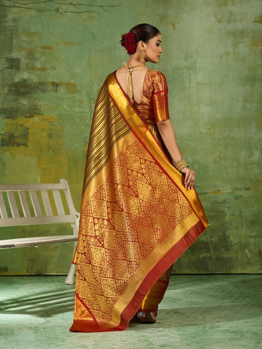 Brown Striped Zari Work Kanjivaram Silk Saree — alternate view