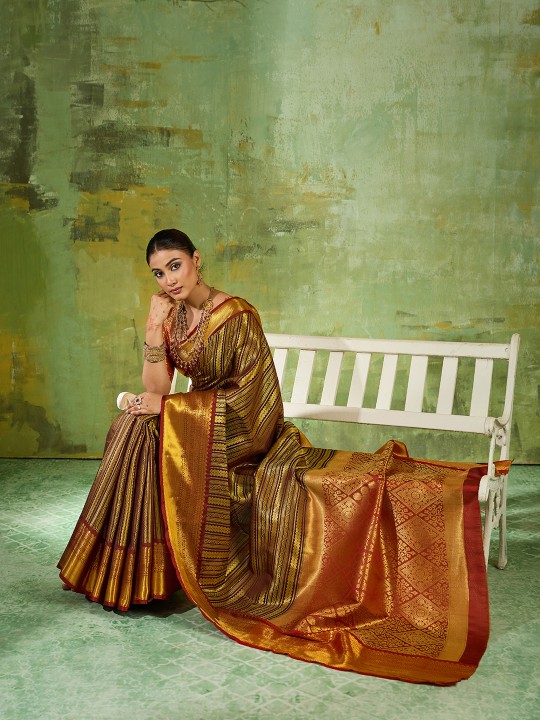Brown Striped Zari Work Kanjivaram Silk Saree