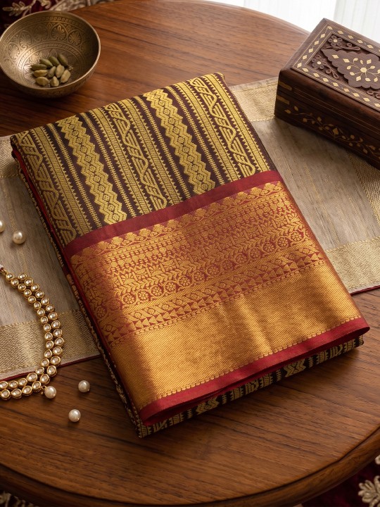 Brown Striped Zari Work Kanjivaram Silk Saree