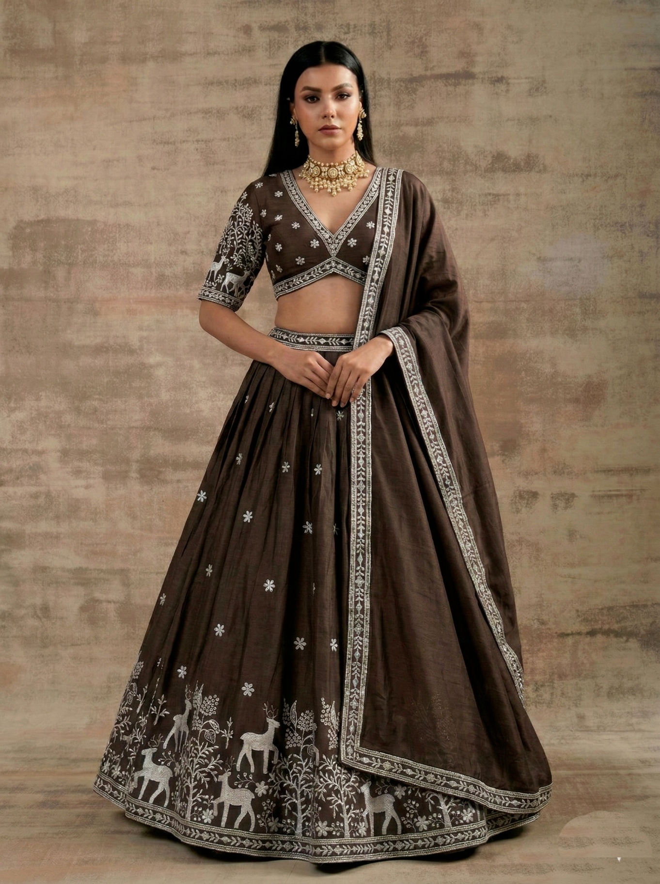 Brown Traditional Embroidery Satin Silk Lehenga
