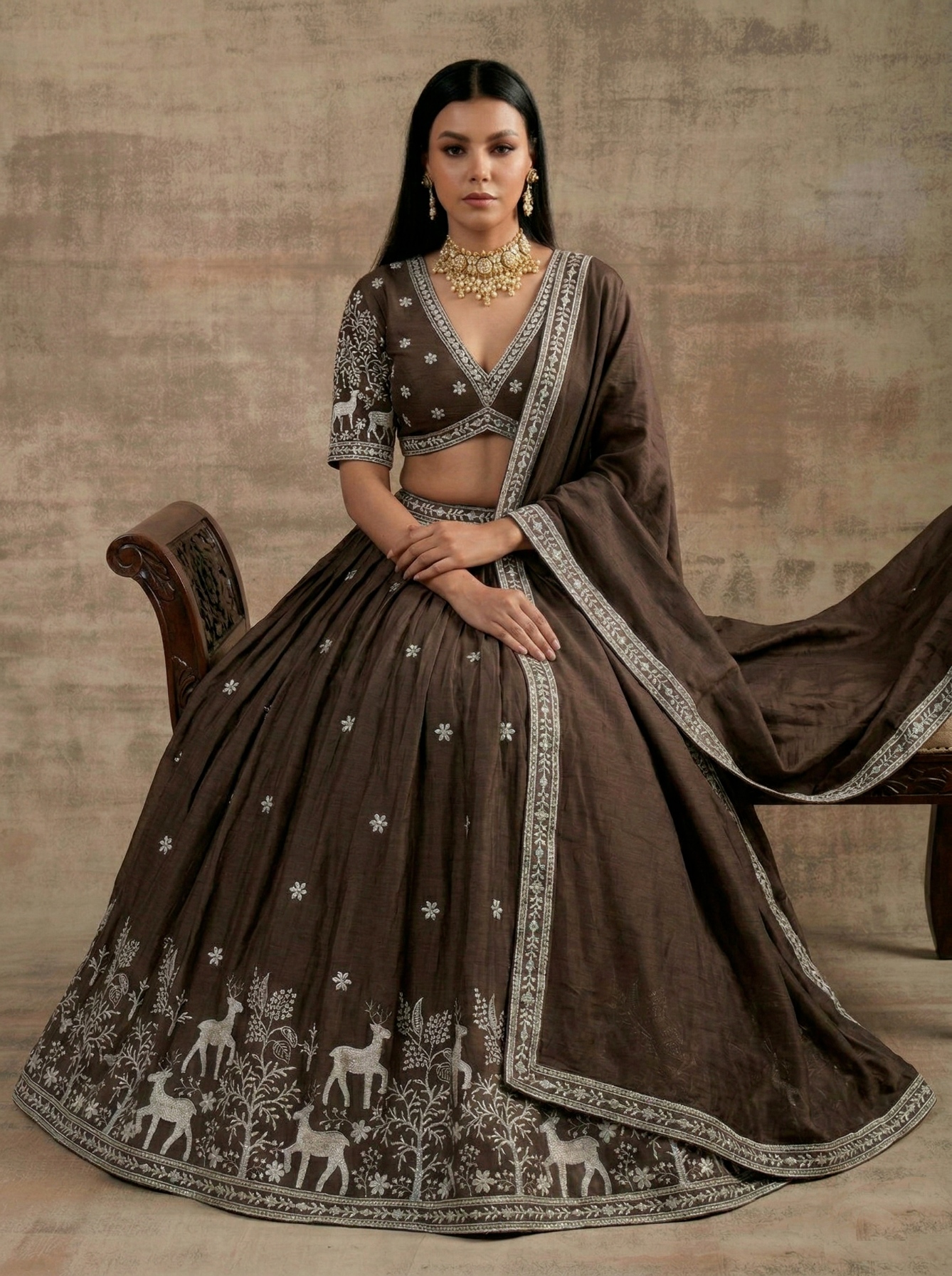 Brown Traditional Embroidery Satin Silk Lehenga — alternate view