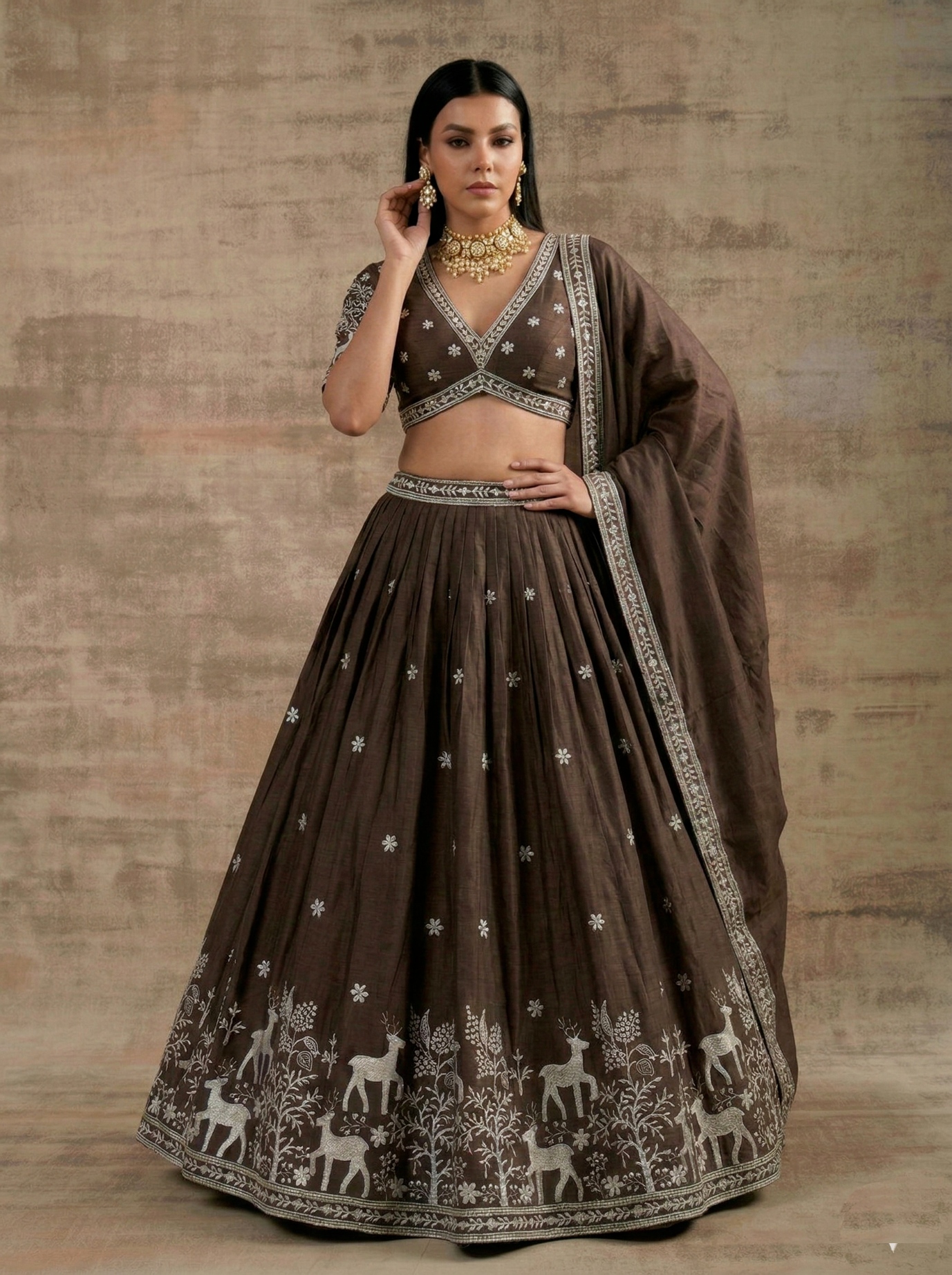 Brown Traditional Embroidery Satin Silk Lehenga
