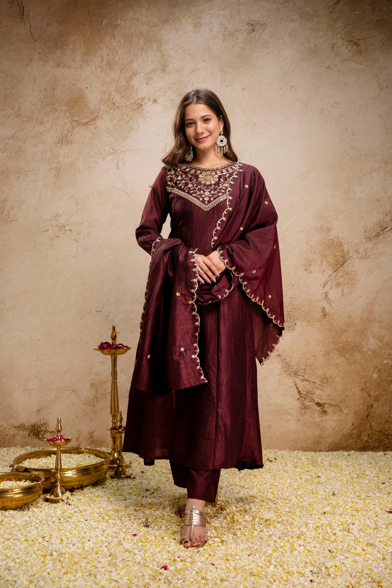 Brown Vichitra Silk Embroidered Kurta Set