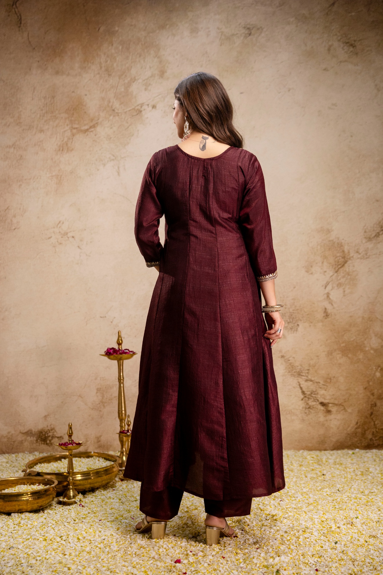 Brown Vichitra Silk Embroidered Kurta Set — alternate view