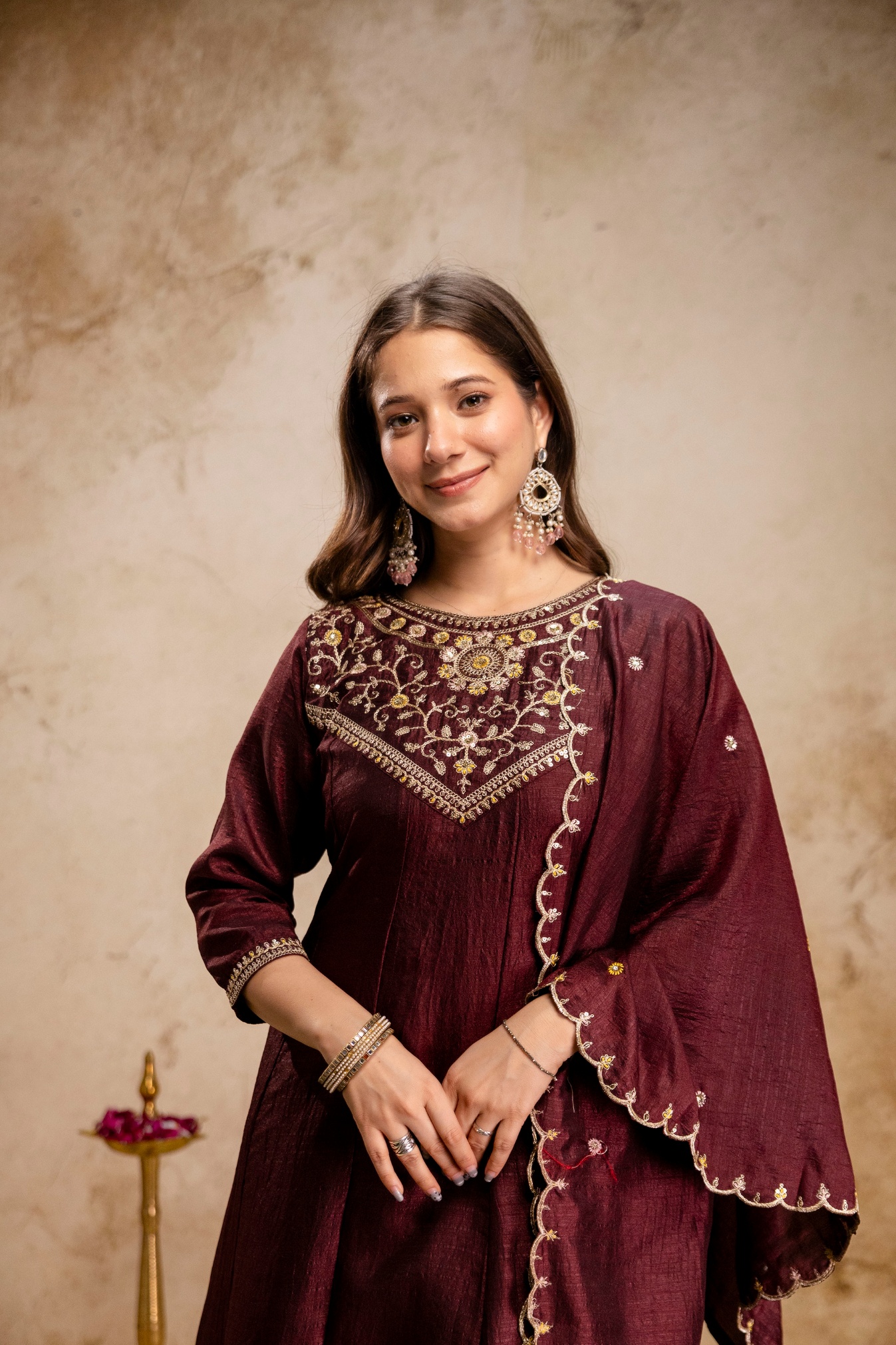Brown Vichitra Silk Embroidered Kurta Set
