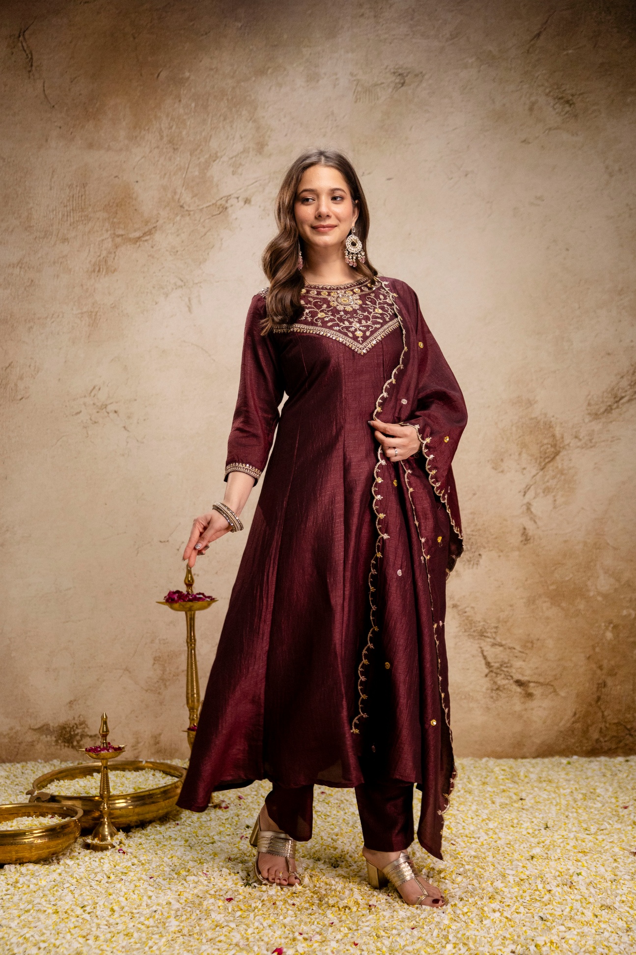 Brown Vichitra Silk Embroidered Kurta Set