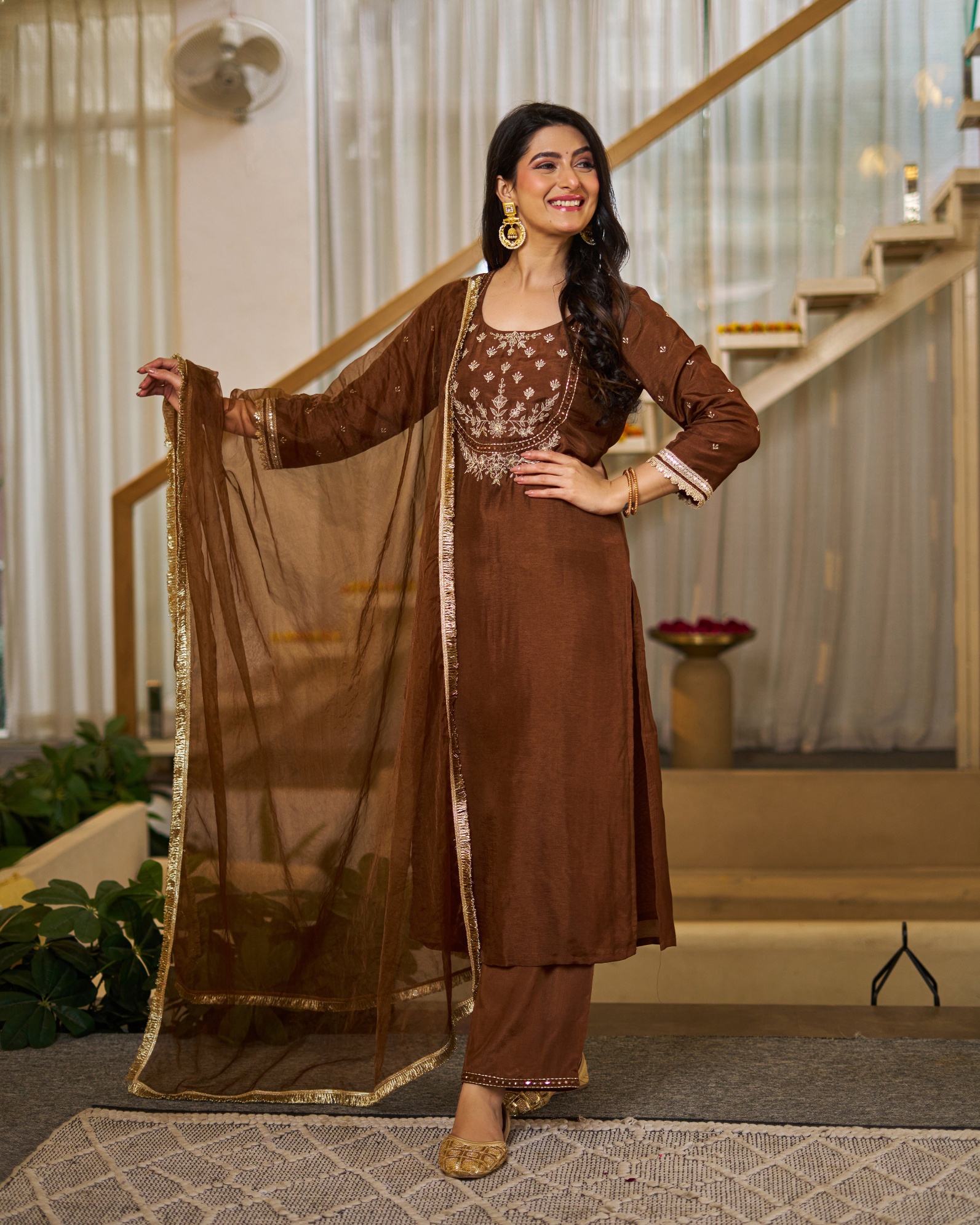 Brown Vichitra Silk Embroidered Straight Kurta Set
