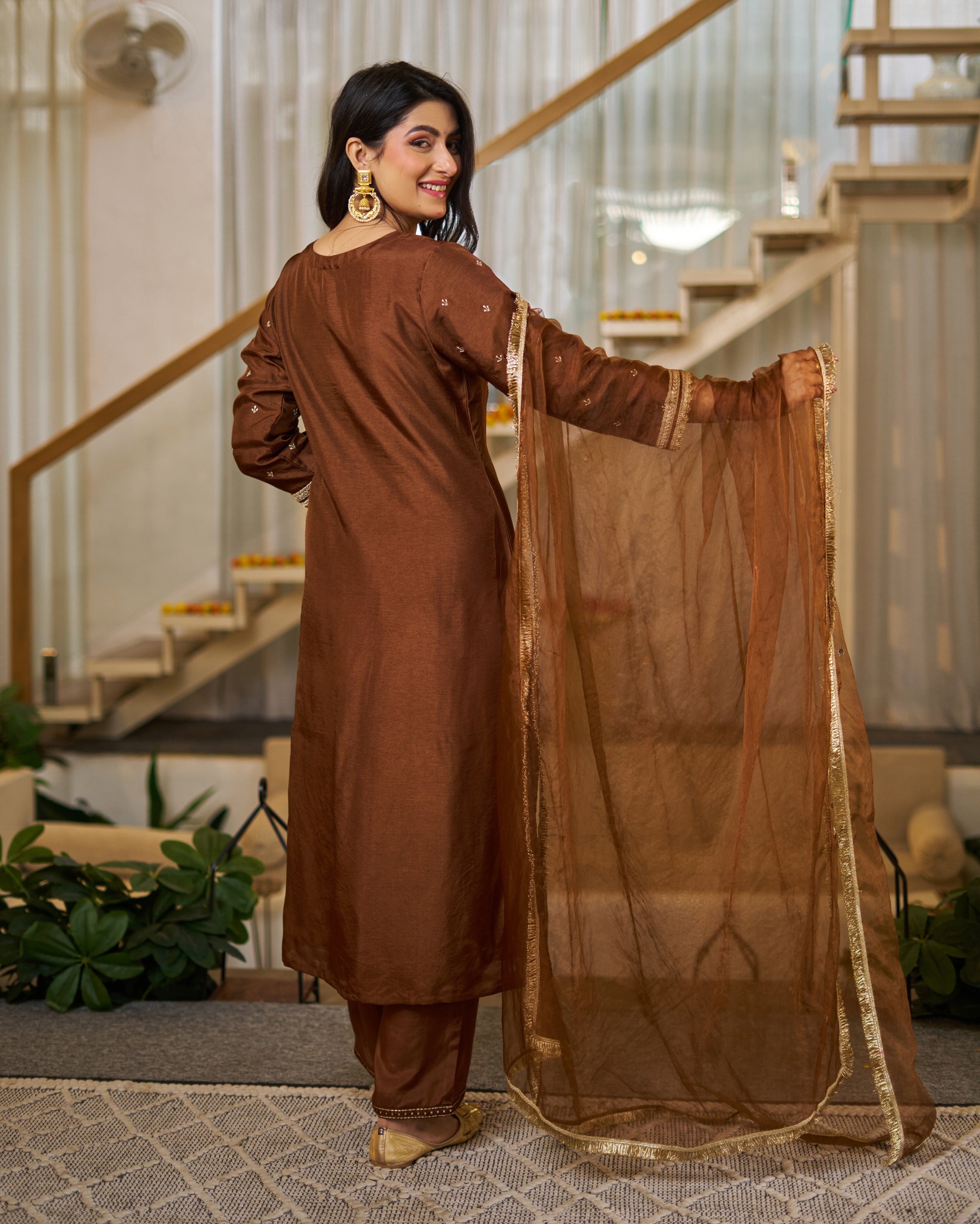 Brown Vichitra Silk Embroidered Straight Kurta Set — alternate view