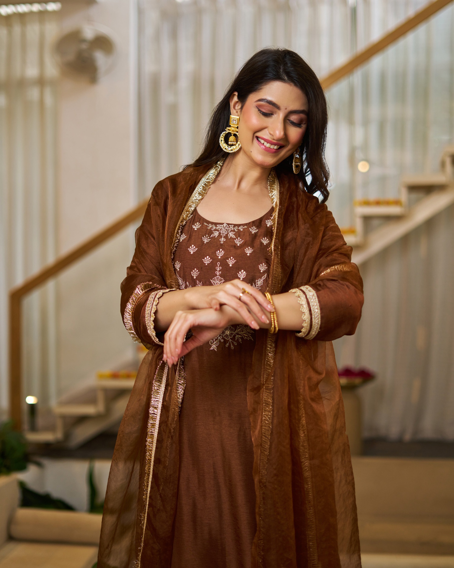 Brown Vichitra Silk Embroidered Straight Kurta Set