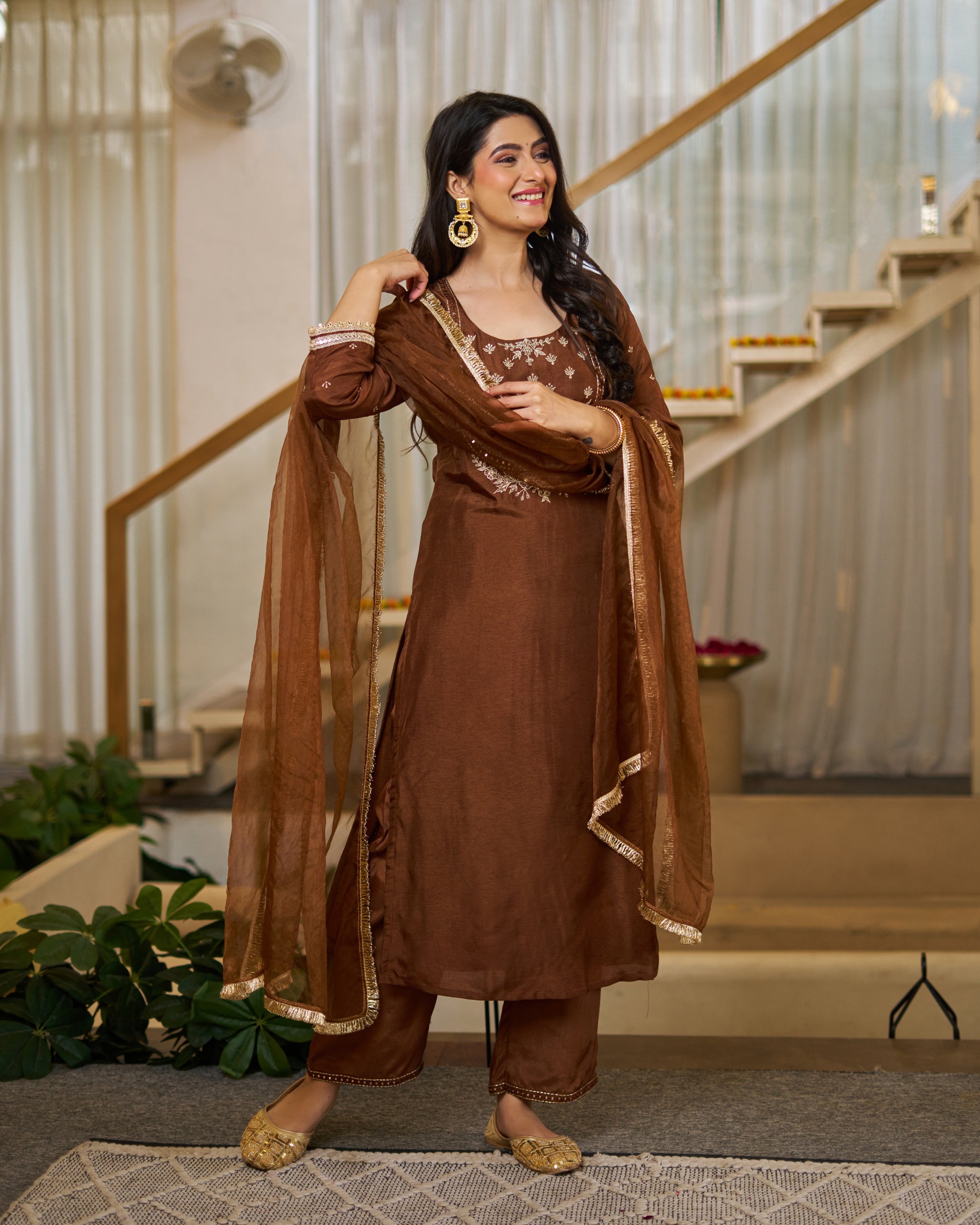 Brown Vichitra Silk Embroidered Straight Kurta Set