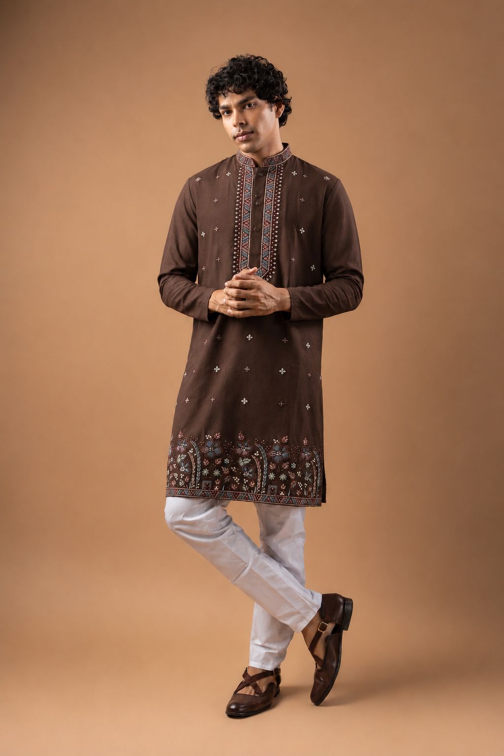 Brown Viscose Silk Floral Kurta Pyjama
