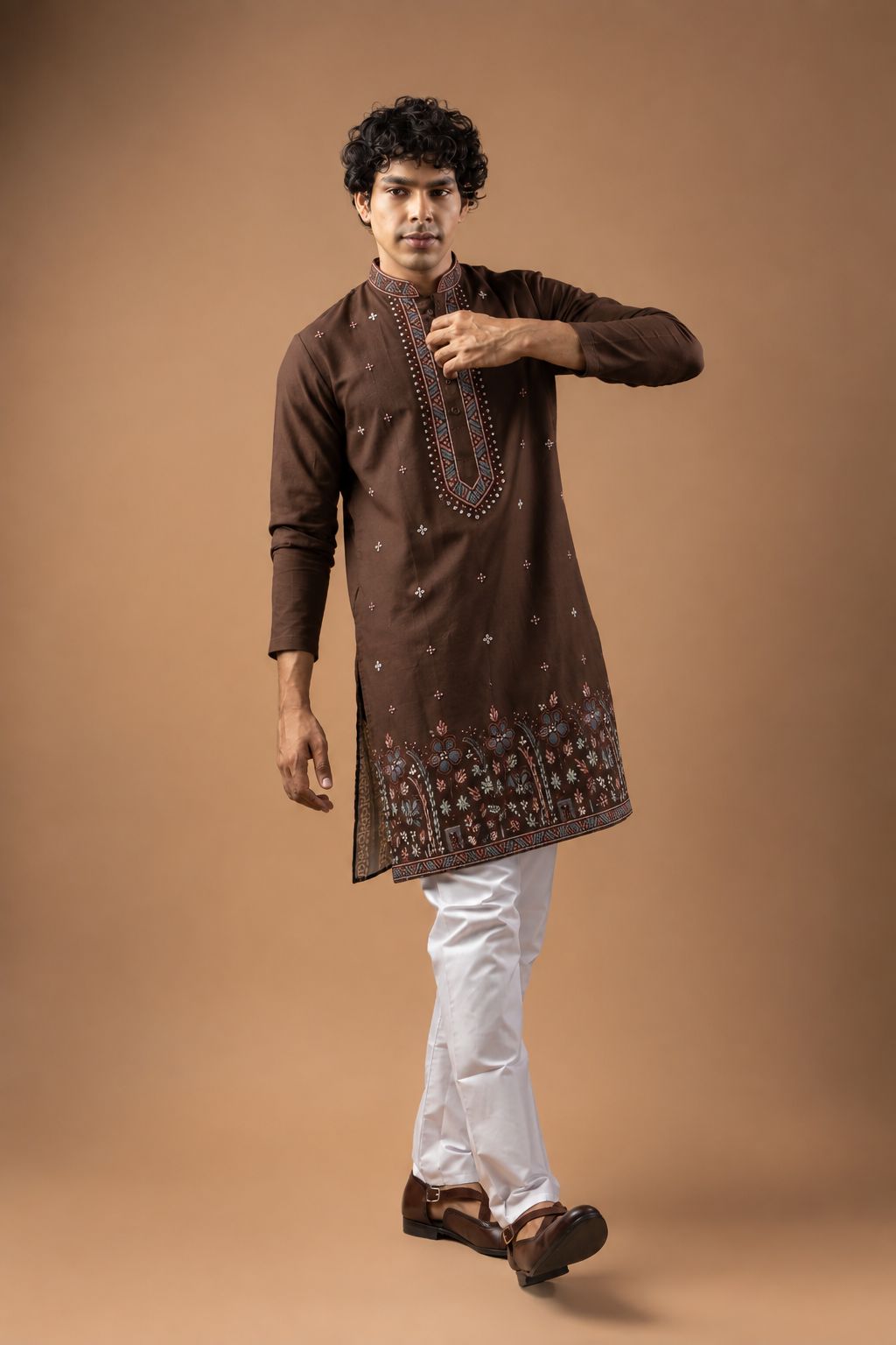 Brown Viscose Silk Floral Kurta Pyjama