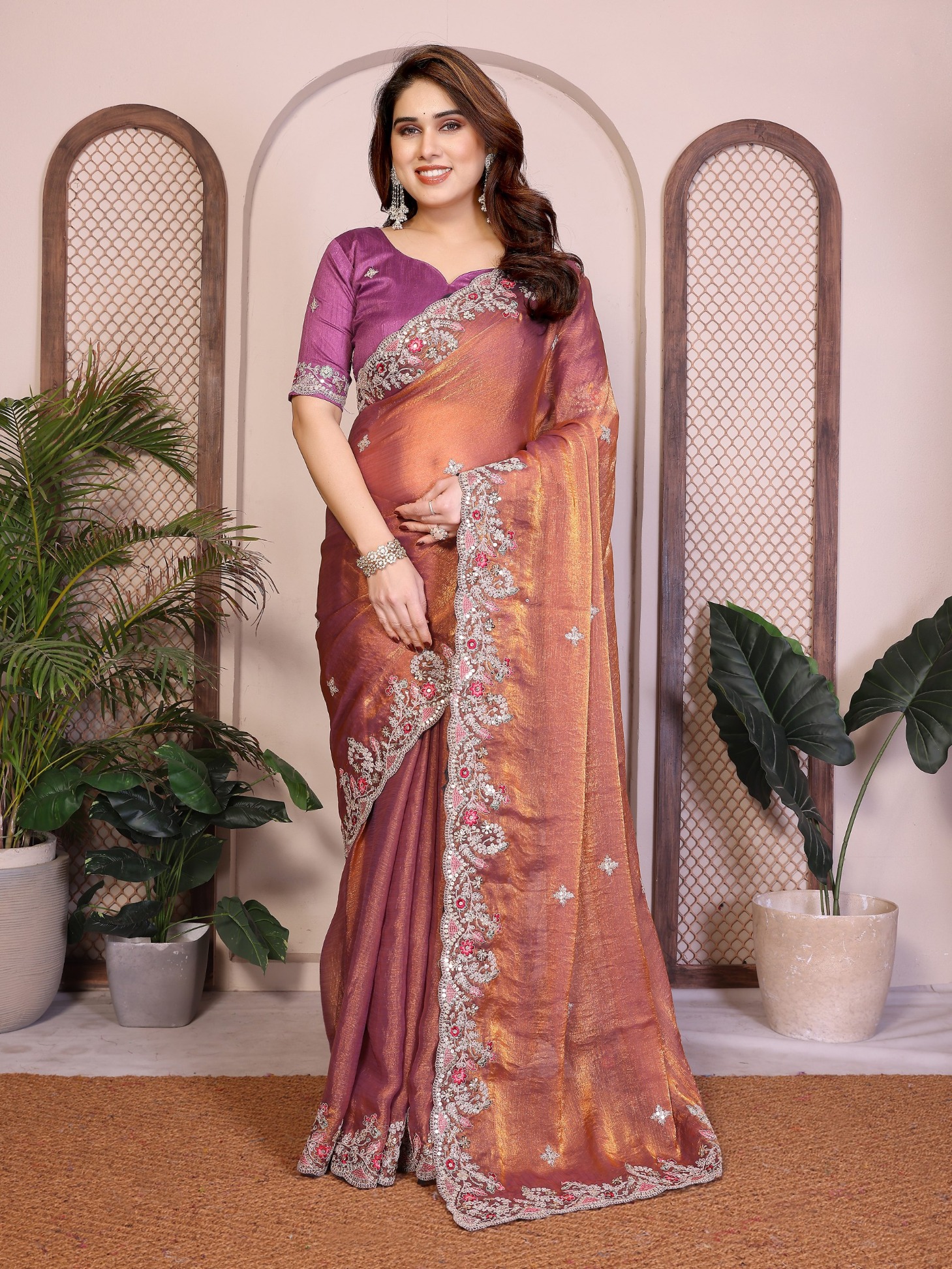 Brown Wine Embroidered Fendy Saree