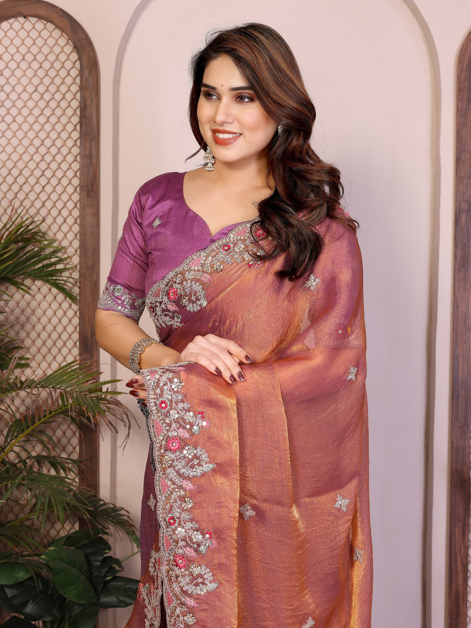 Brown Wine Embroidered Fendy Saree — alternate view