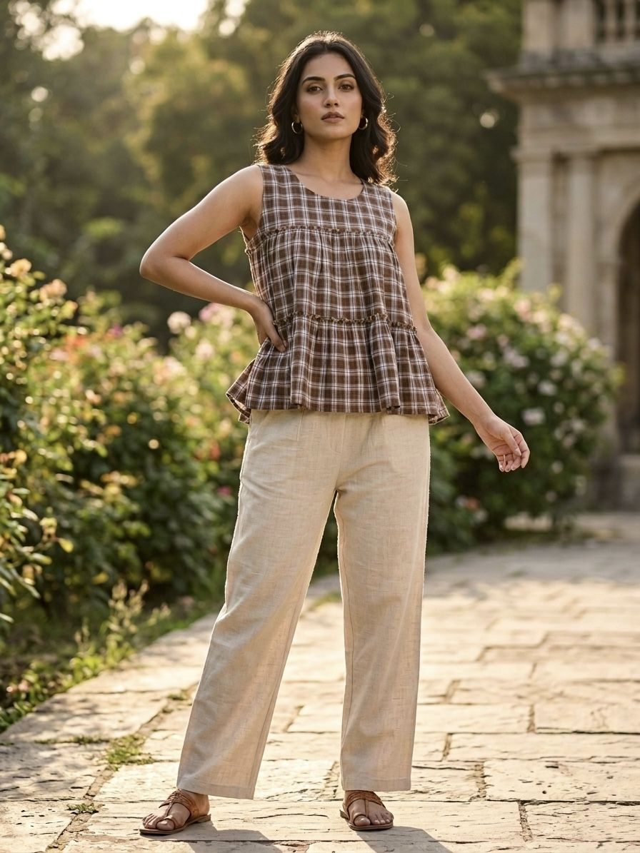 Brown Woven Checks Linen Cotton Sleeveless Co-Ord Set