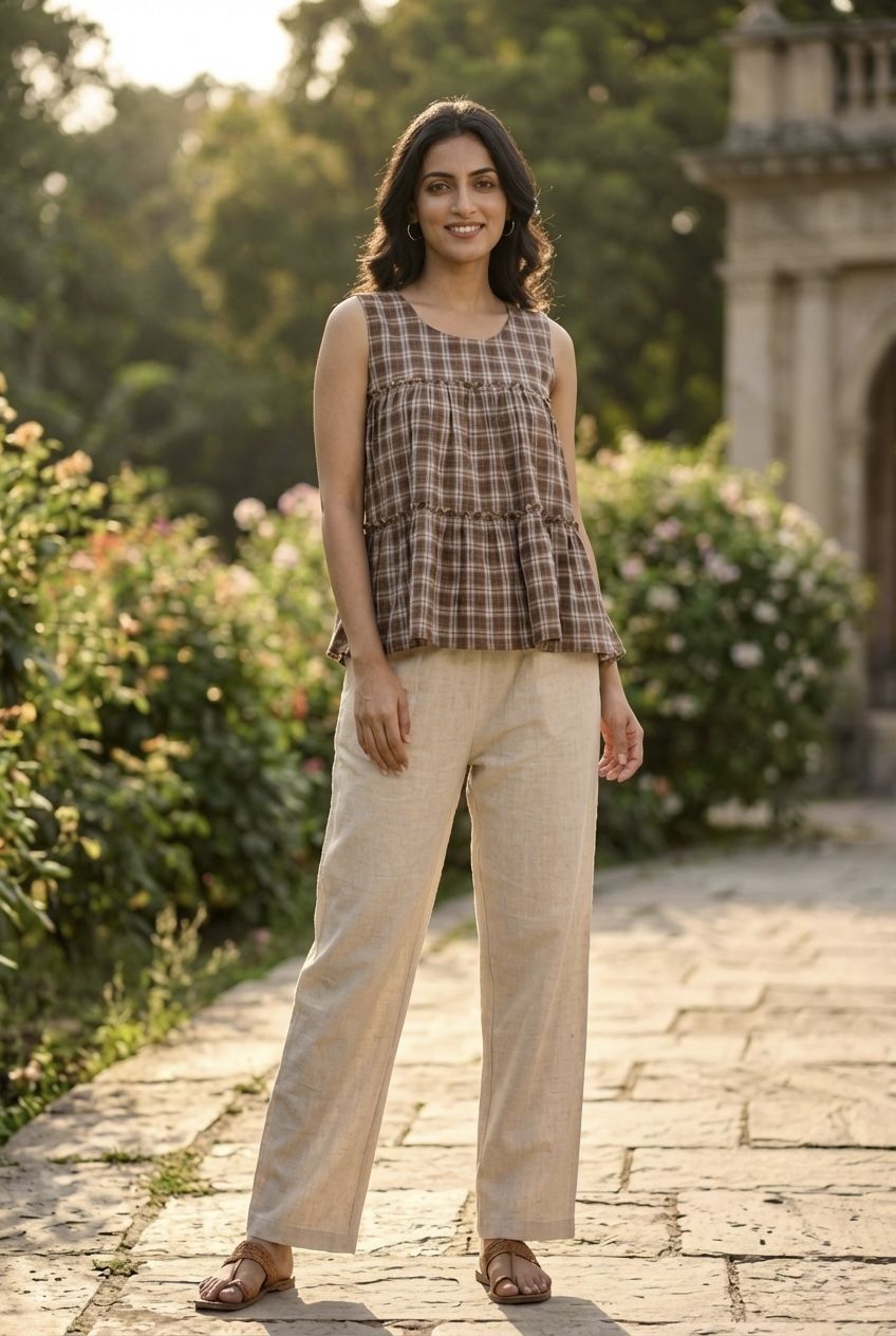 Brown Woven Checks Linen Cotton Sleeveless Co-Ord Set