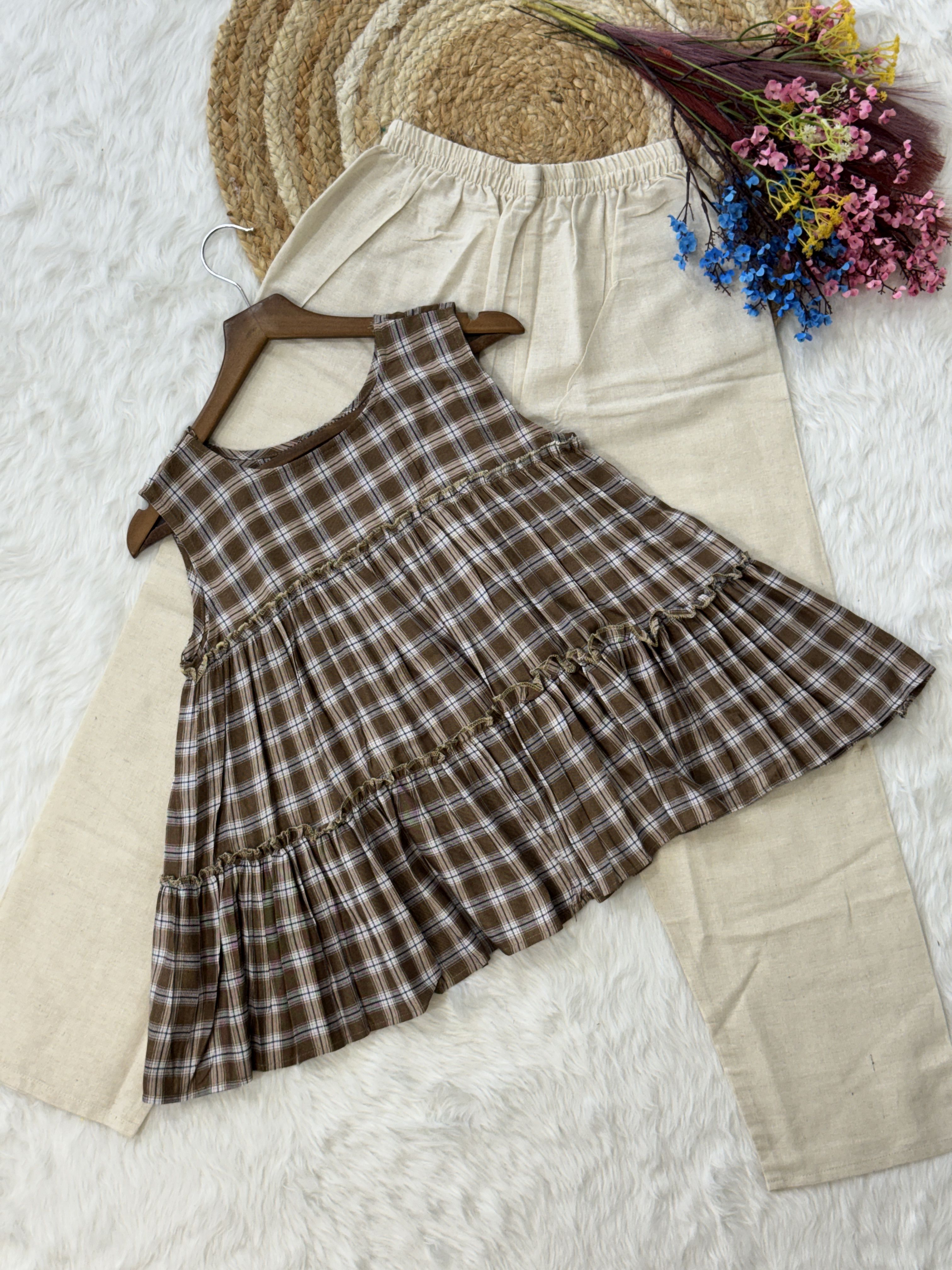 Brown Woven Checks Linen Cotton Sleeveless Co-Ord Set