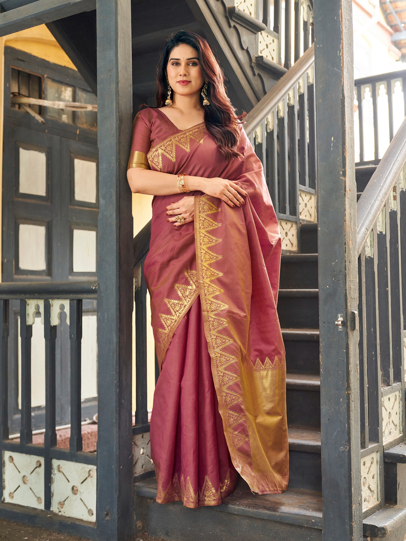 Brown Woven Gold Zari Banarasi Raw Silk Saree