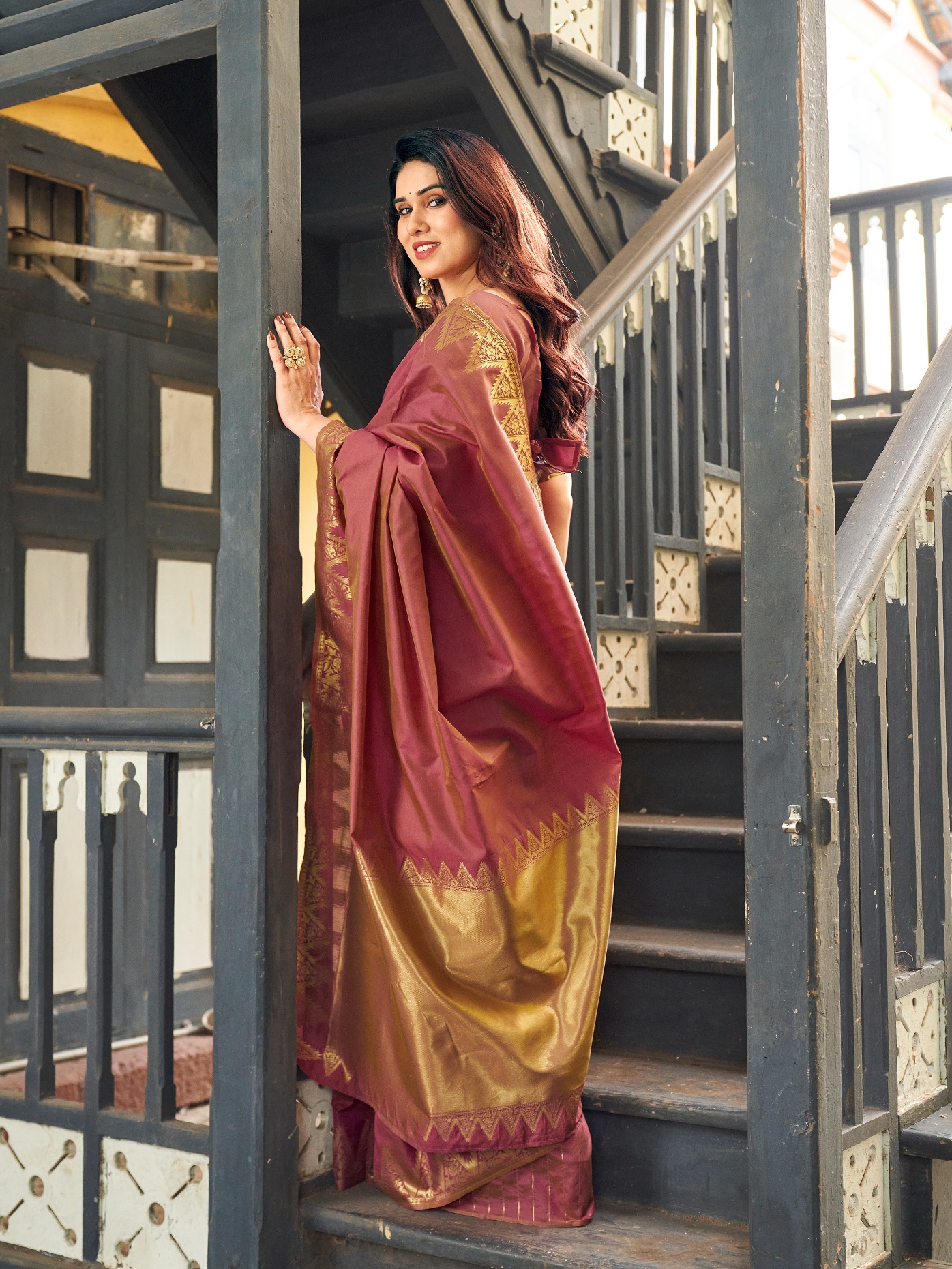 Brown Woven Gold Zari Banarasi Raw Silk Saree — alternate view