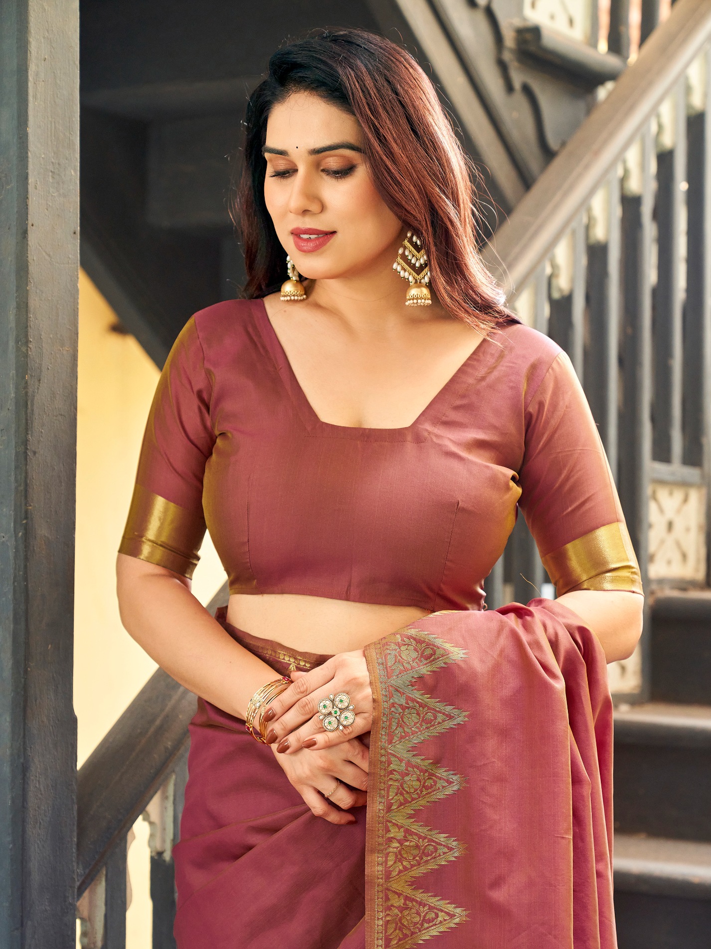 Brown Woven Gold Zari Banarasi Raw Silk Saree
