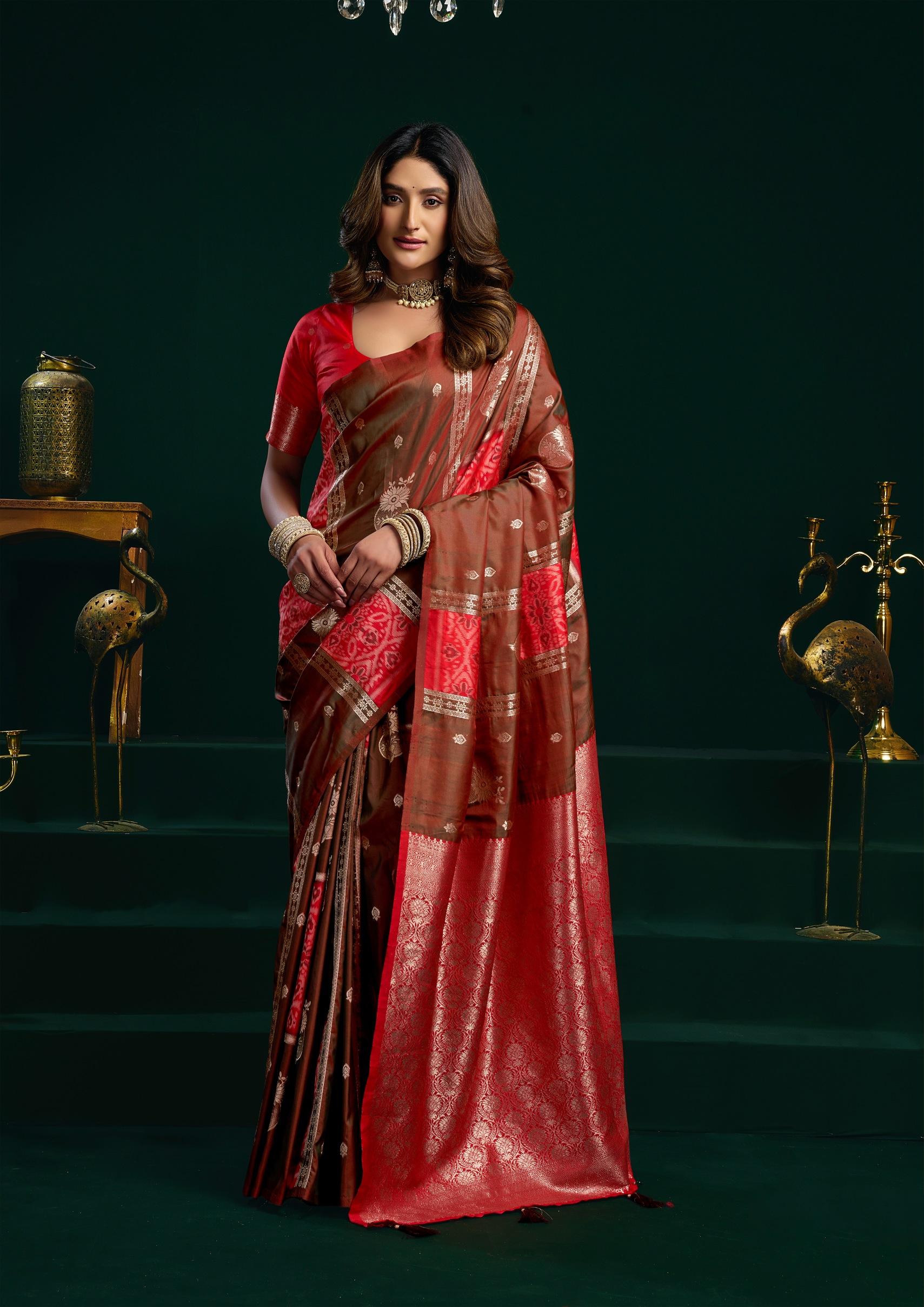 Brown Woven Zari Soft Silk Designer Saree