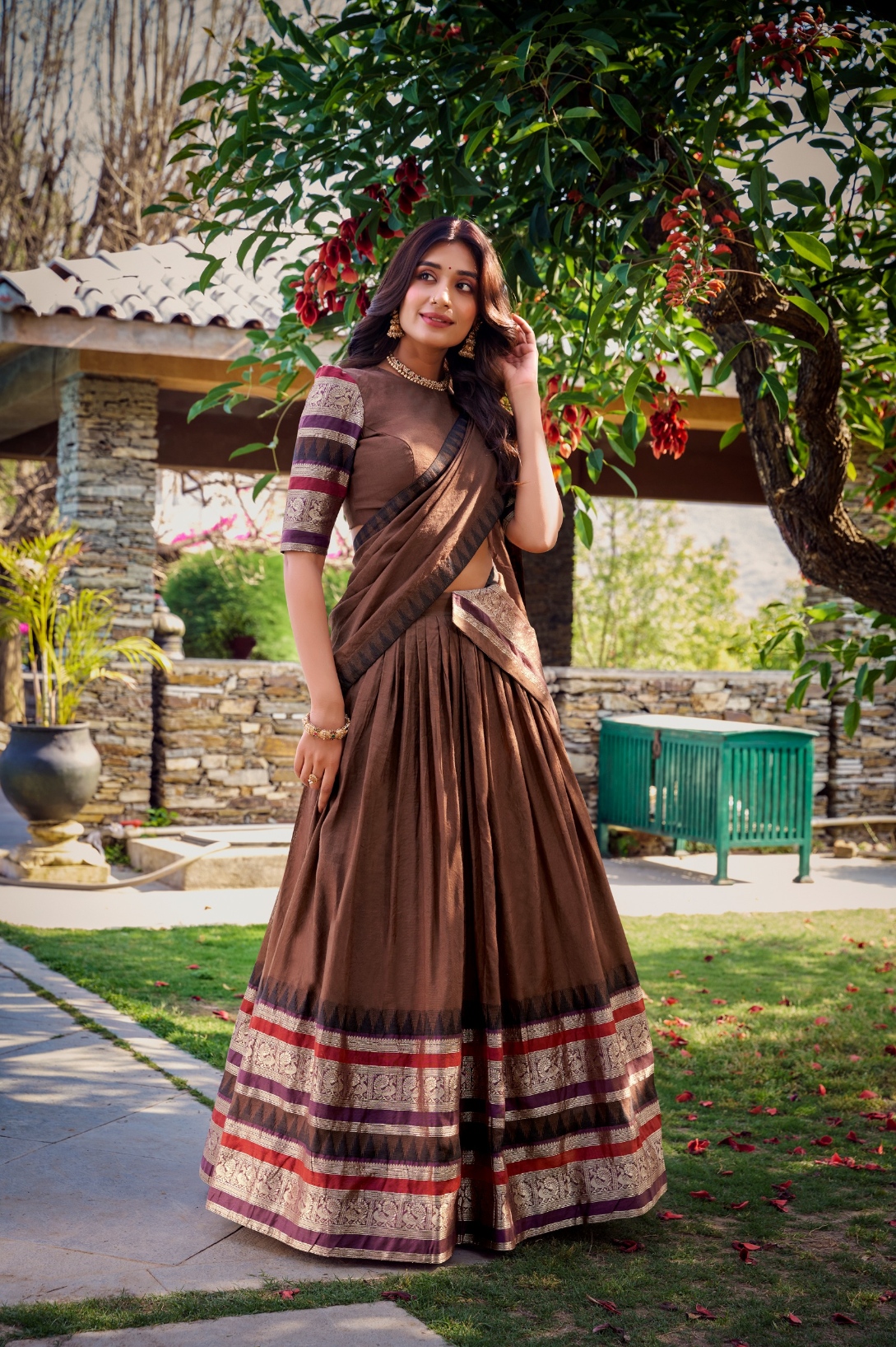 Brown Zari Chanderi Lehenga Choli