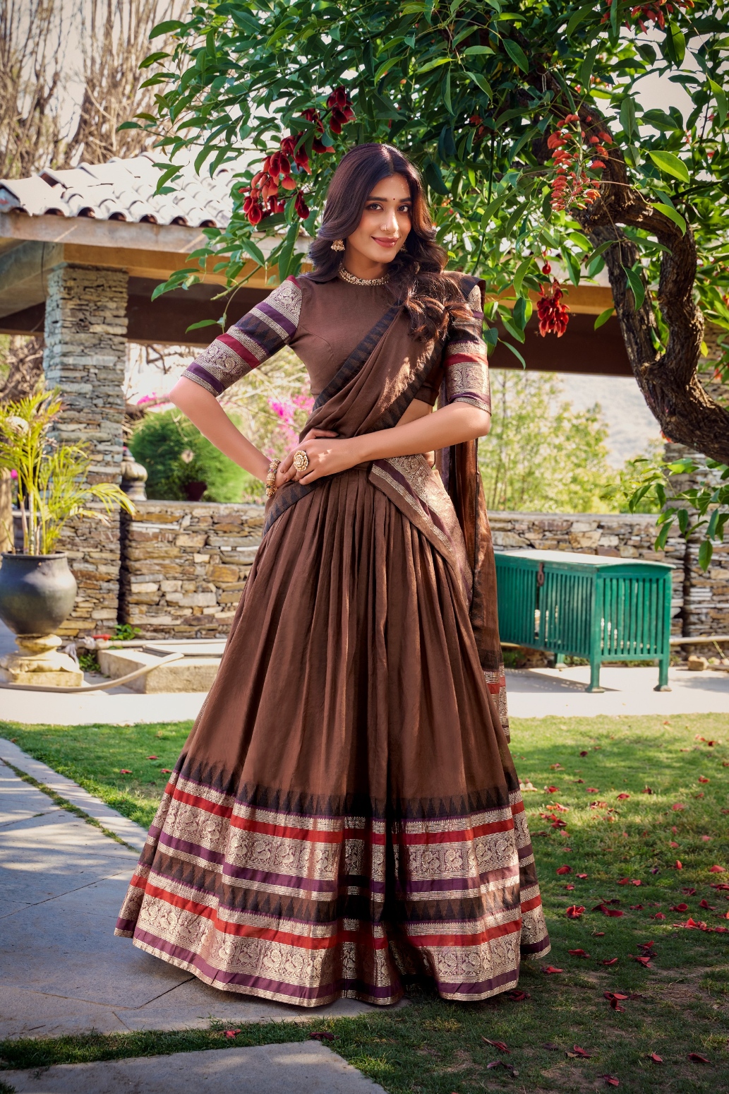 Brown Zari Chanderi Lehenga Choli