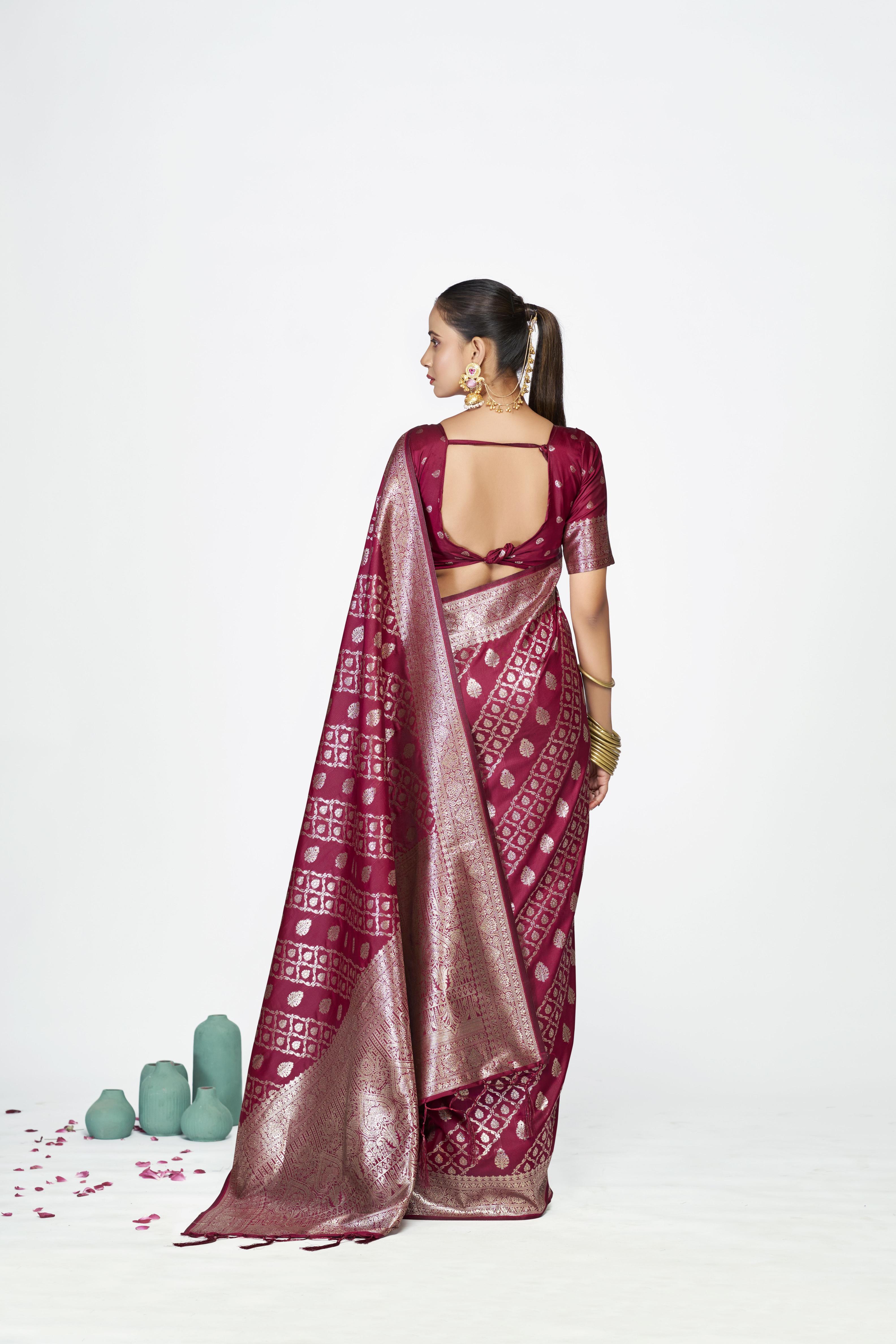 Burgundy Banarasi Silk Zari Designer Saree — alternate view