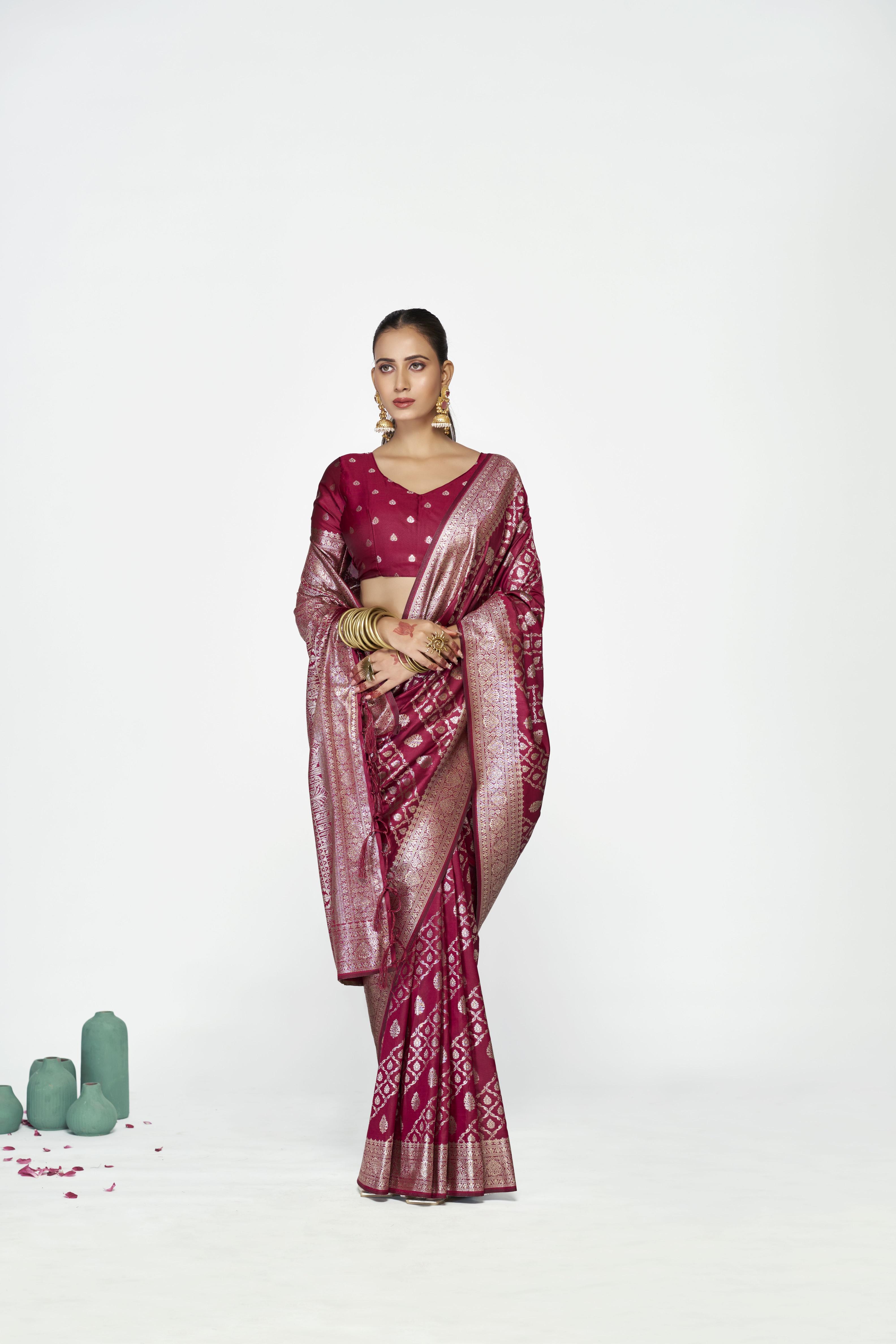 Burgundy Banarasi Silk Zari Designer Saree