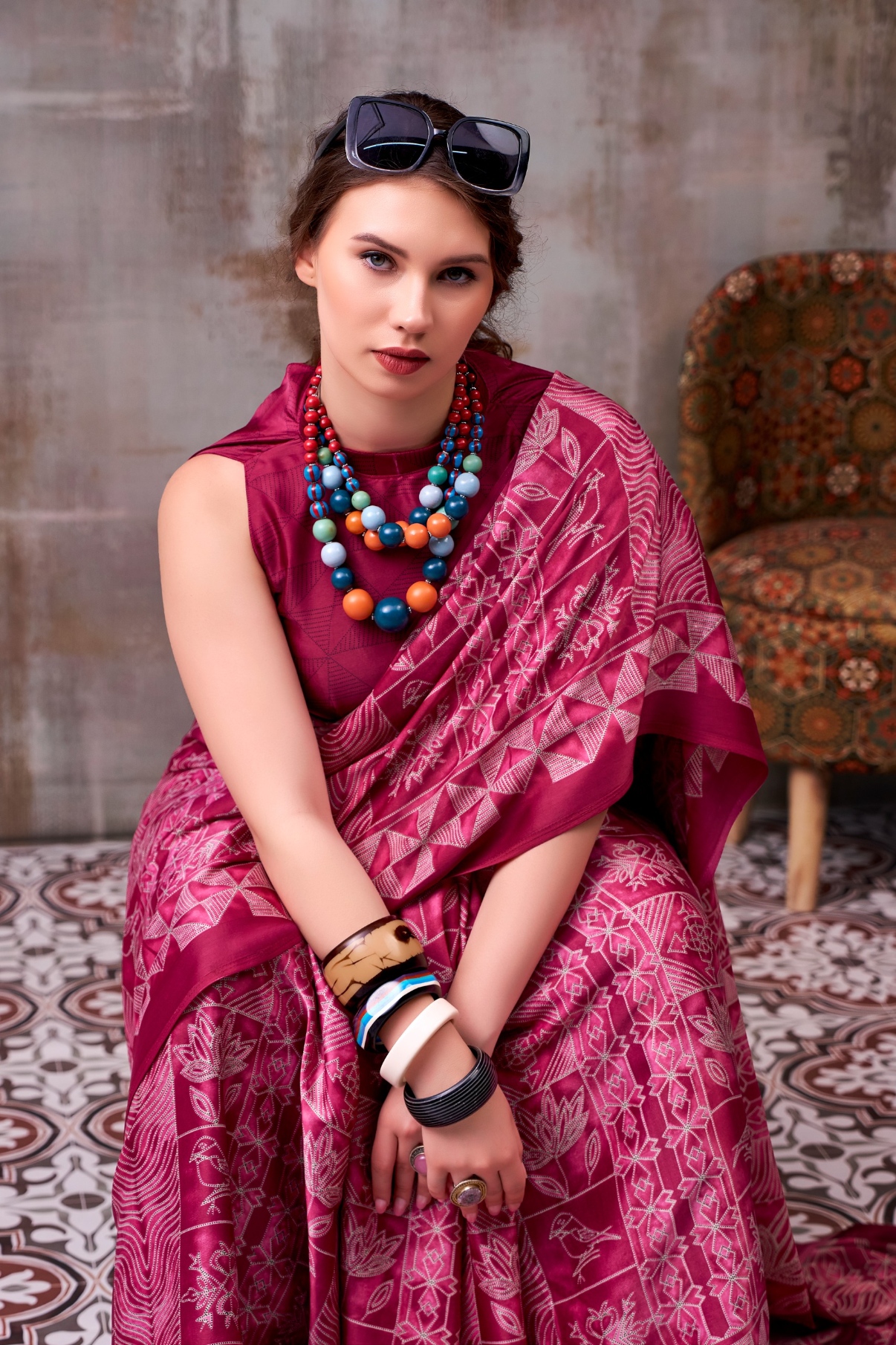Burgundy Contemporary Printed Satin Silk Saree — alternate view