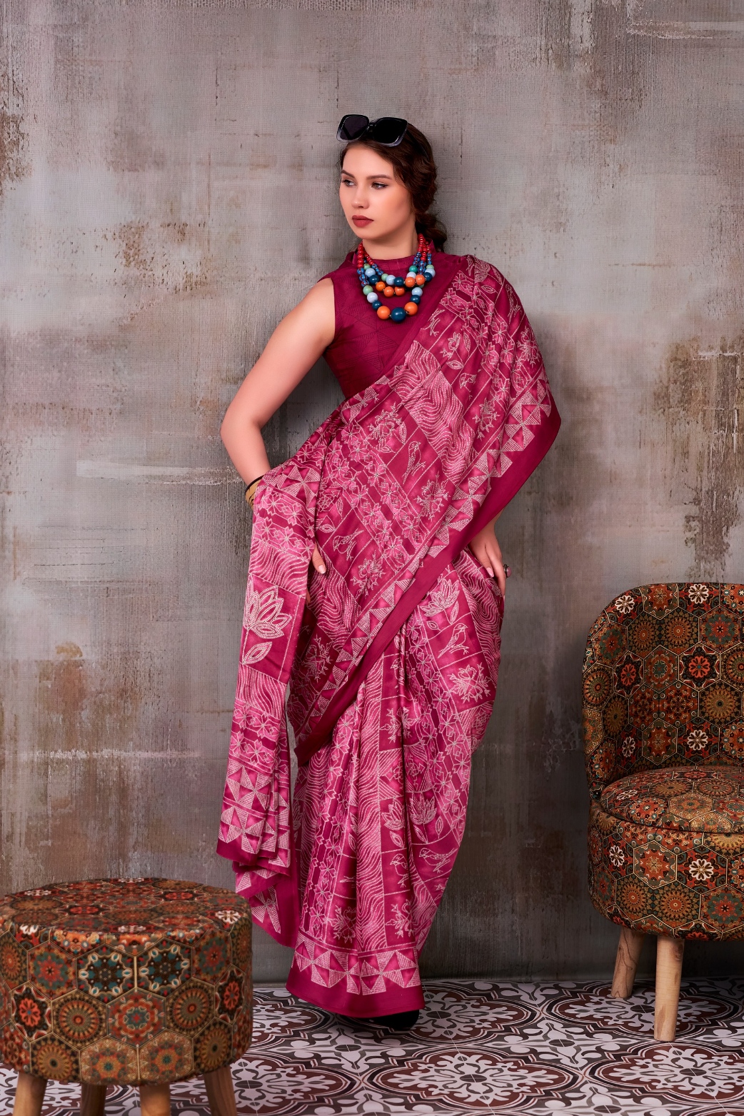 Burgundy Contemporary Printed Satin Silk Saree