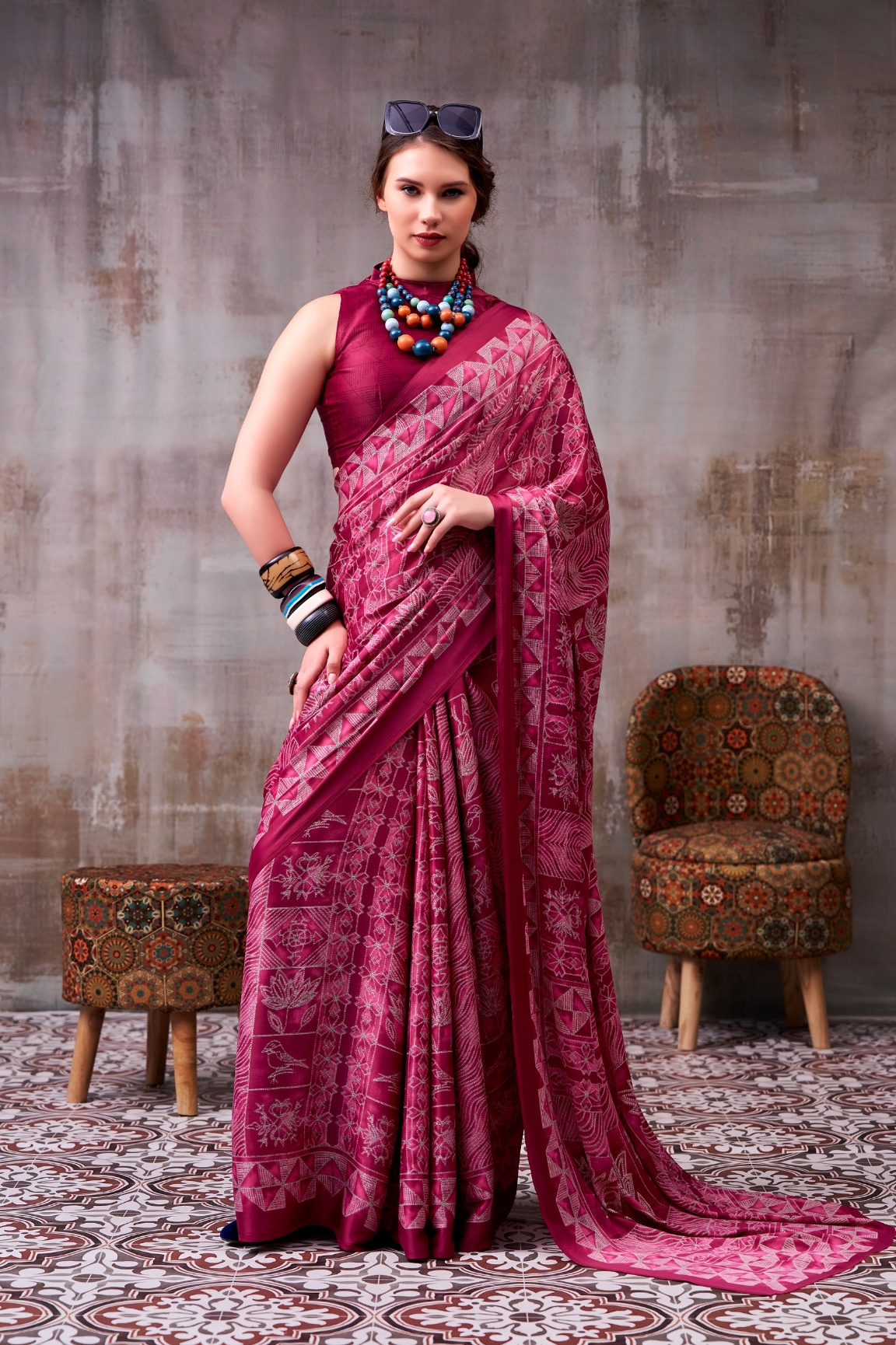 Burgundy Contemporary Printed Satin Silk Saree