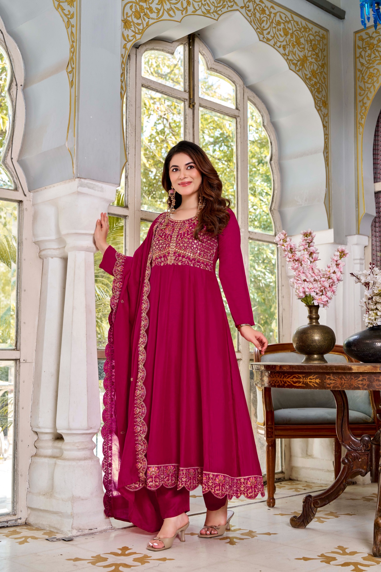 Burgundy Designer Embroidery Vichitra Anarkali Suit