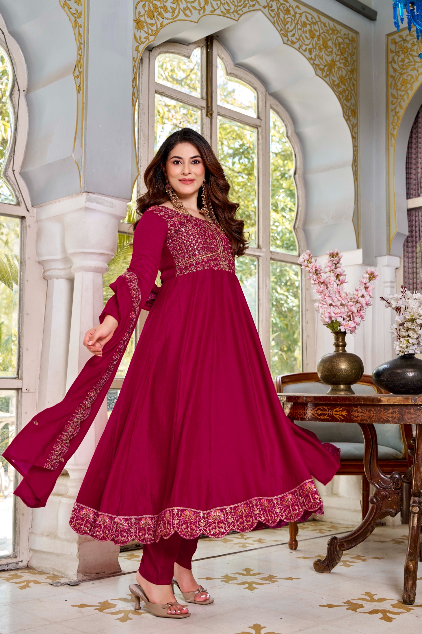 Burgundy Designer Embroidery Vichitra Anarkali Suit