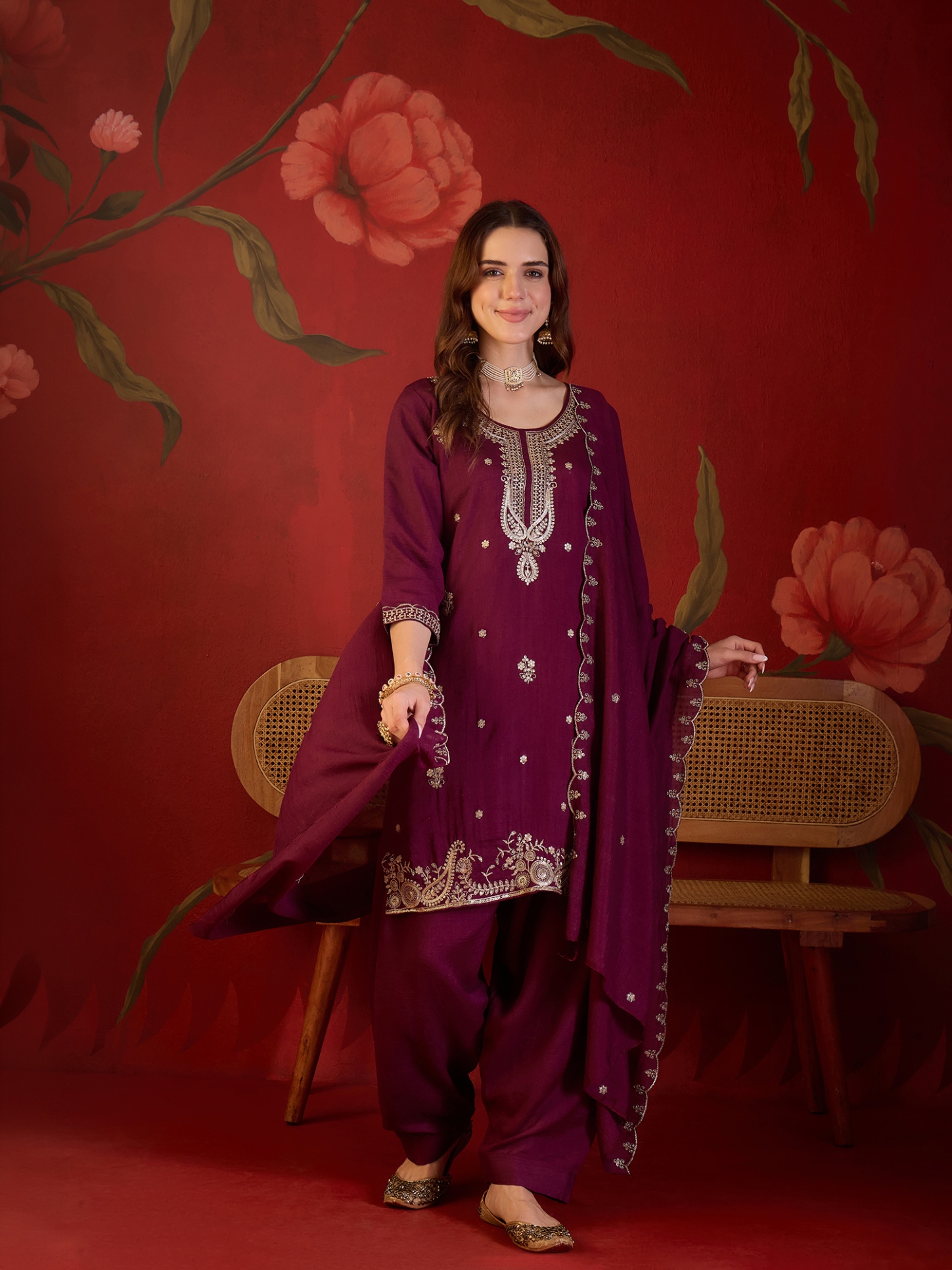 Burgundy Designer Embroidery Vichitra Straight Suit