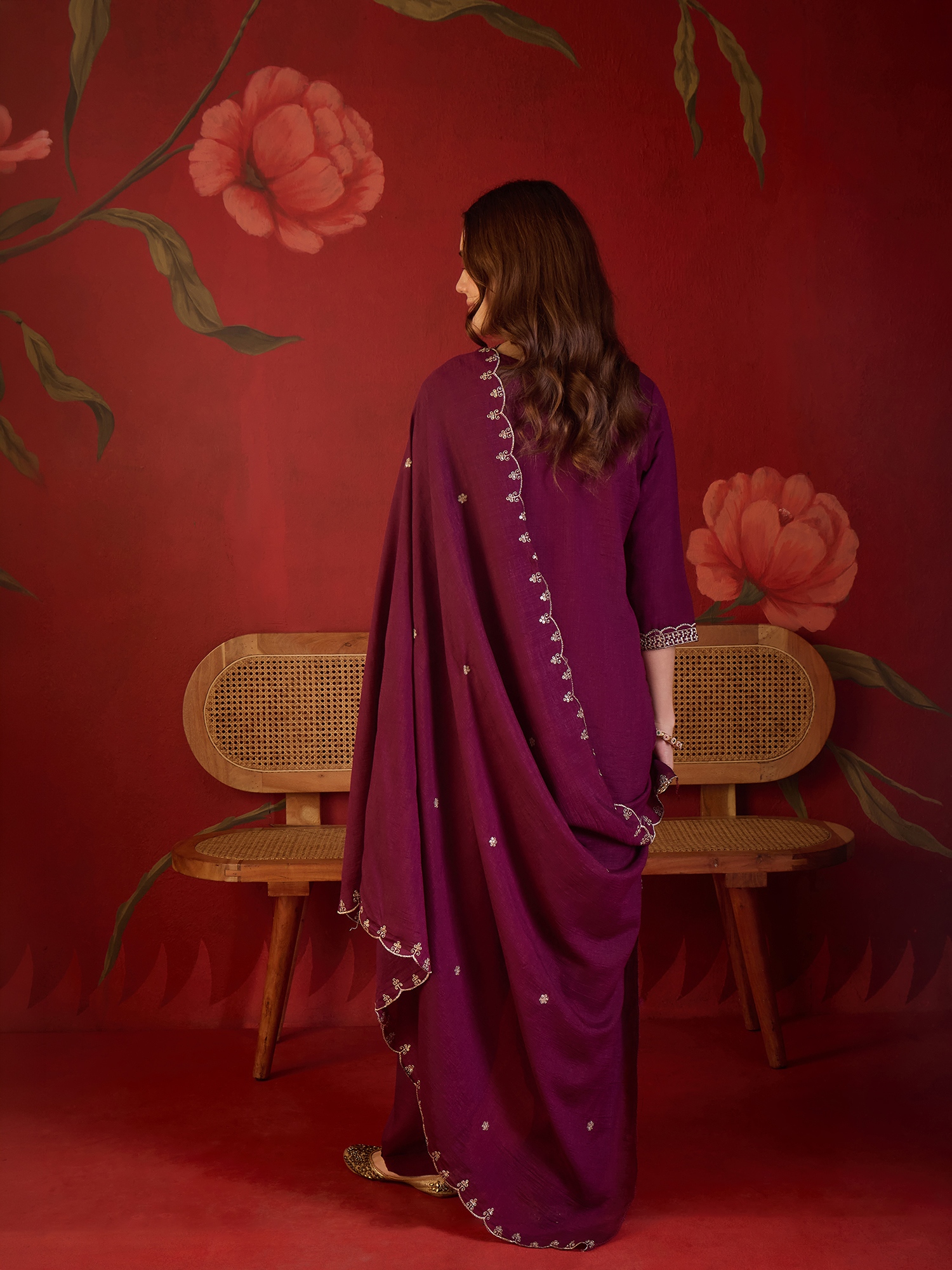 Burgundy Designer Embroidery Vichitra Straight Suit — alternate view