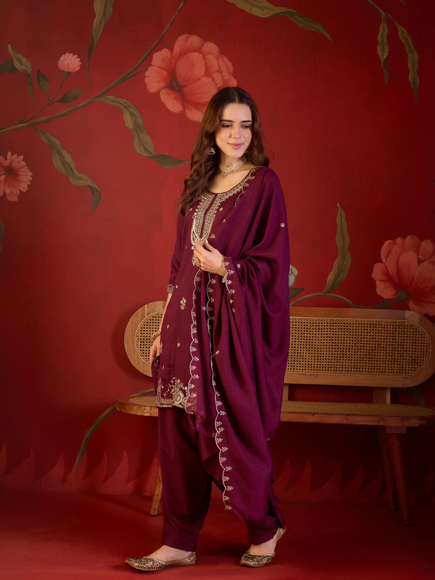 Burgundy Designer Embroidery Vichitra Straight Suit