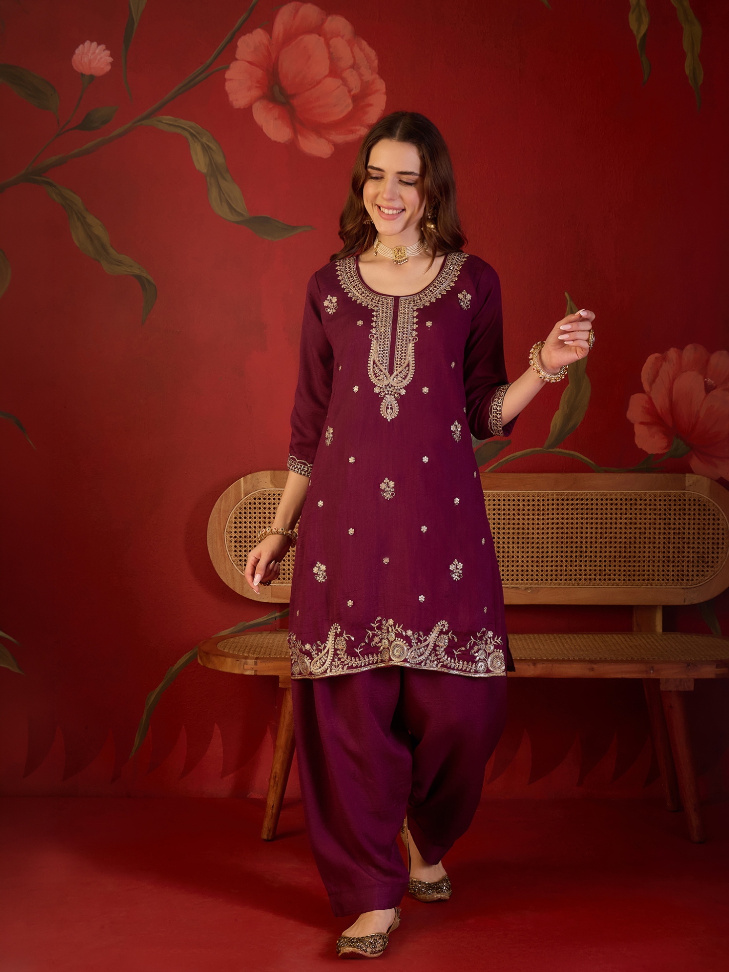 Burgundy Designer Embroidery Vichitra Straight Suit