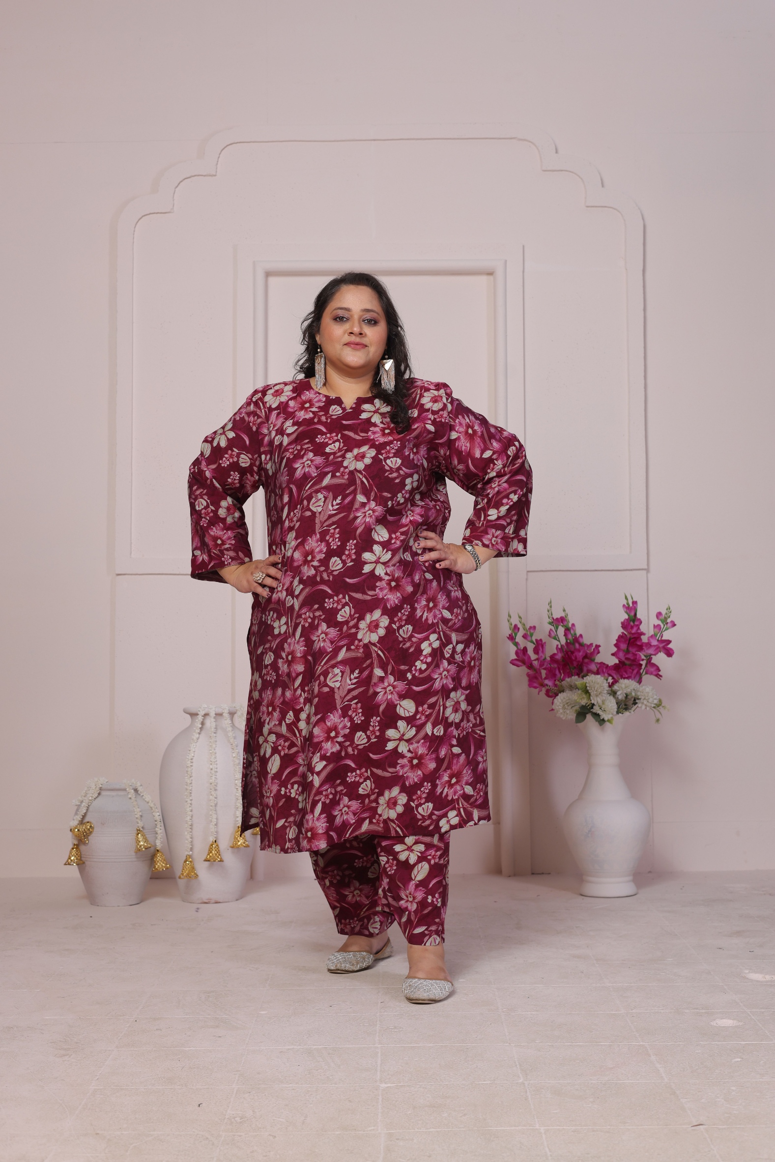 Burgundy Designer Printed Viscose Chanderi Kurti
