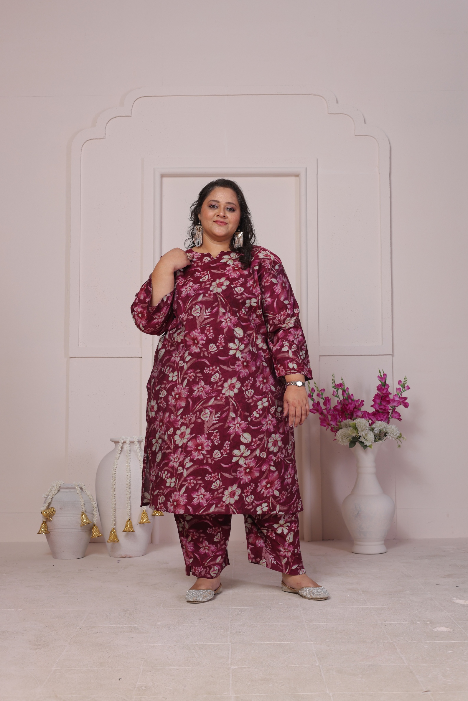 Burgundy Designer Printed Viscose Chanderi Kurti