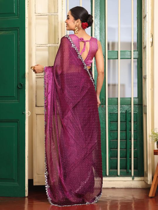 Burgundy Designer Swarovski Work Organza Saree — alternate view