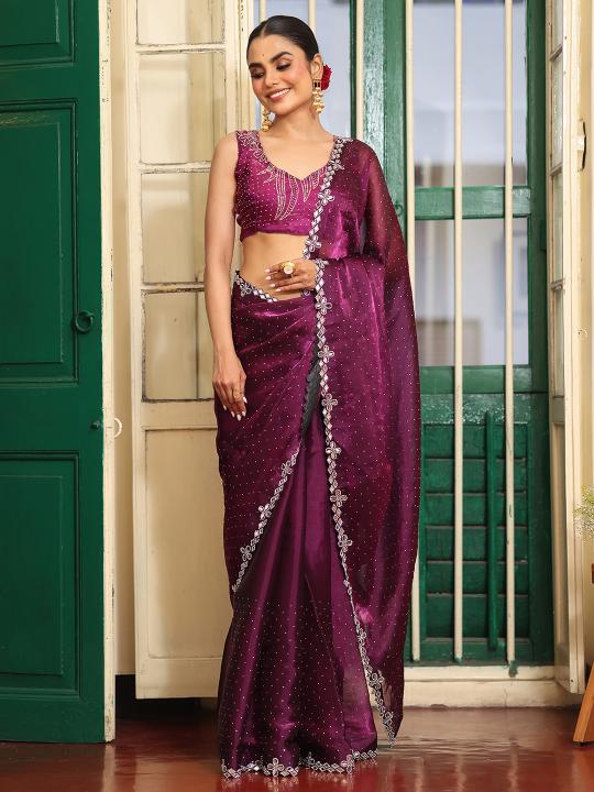 Burgundy Designer Swarovski Work Organza Saree