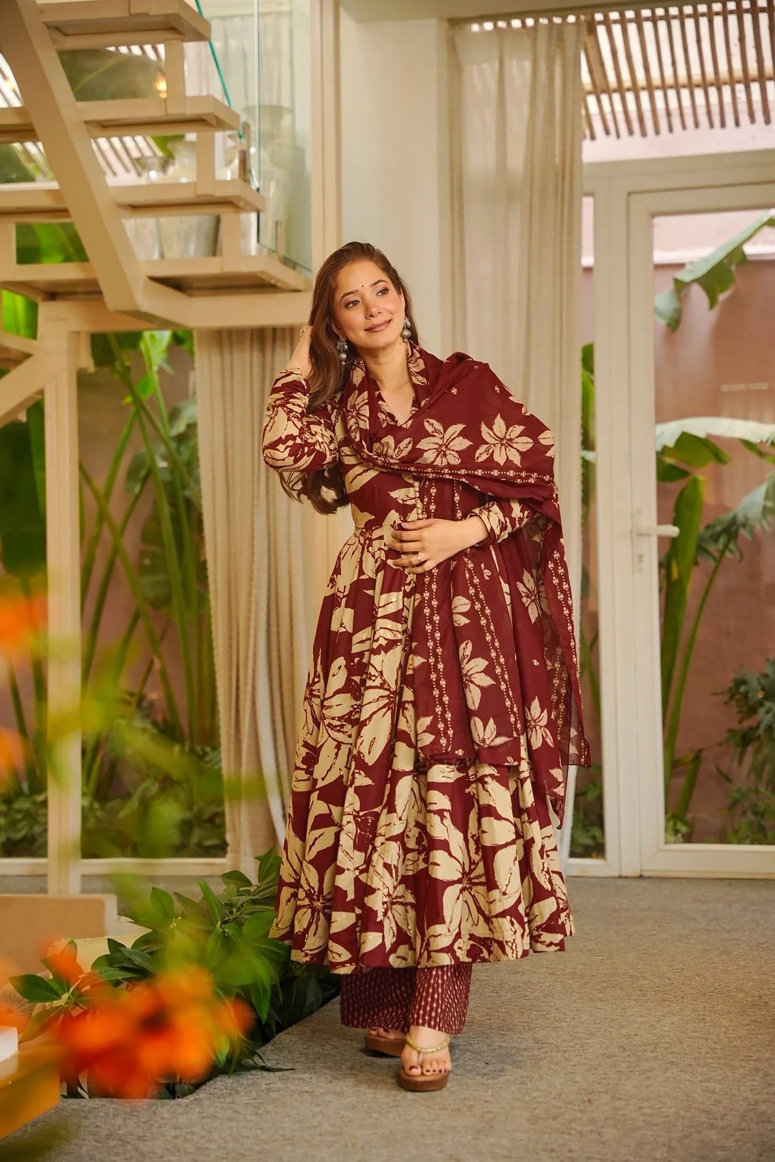 Burgundy Floral A-Line Palazzo Suit