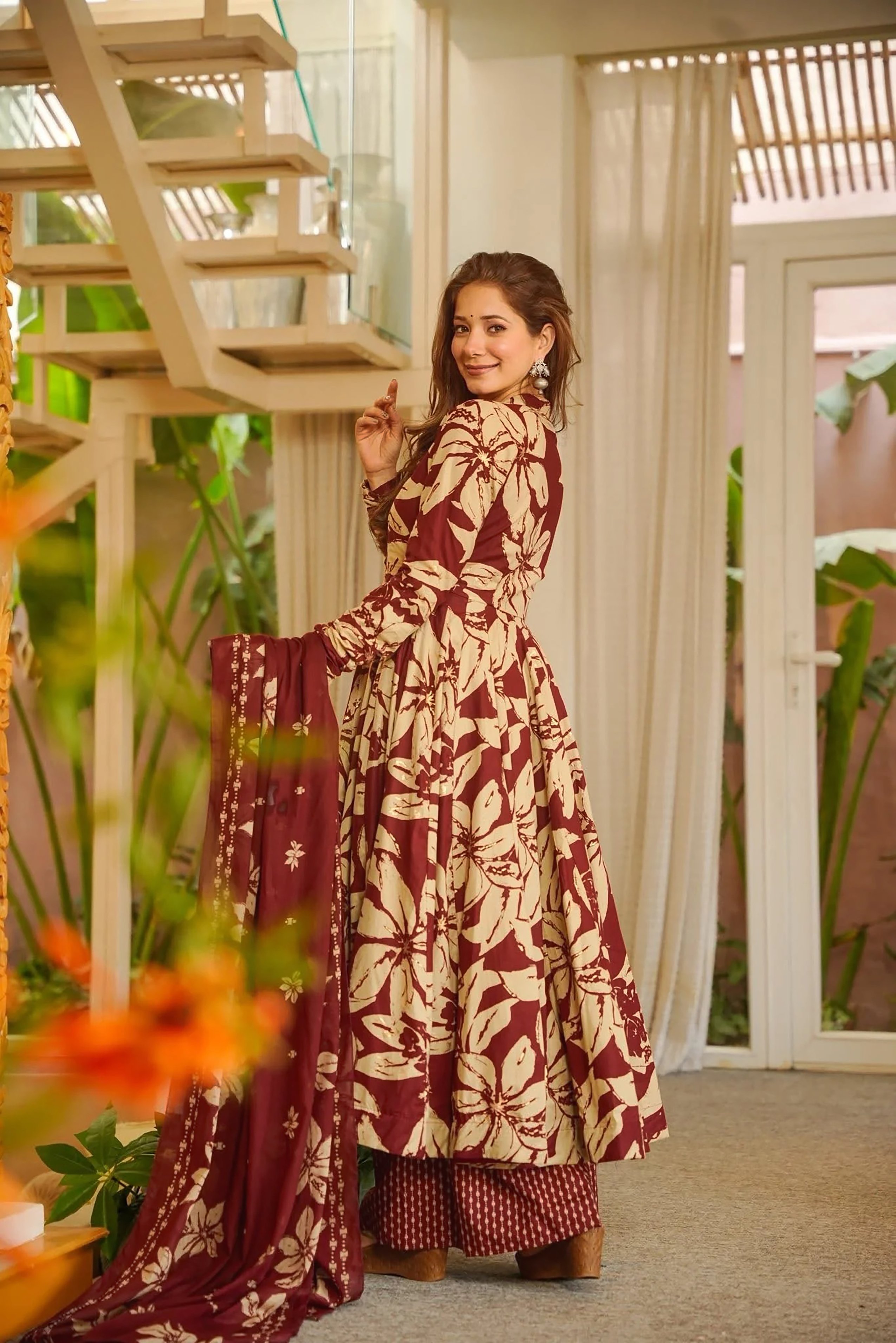 Burgundy Floral A-Line Palazzo Suit — alternate view