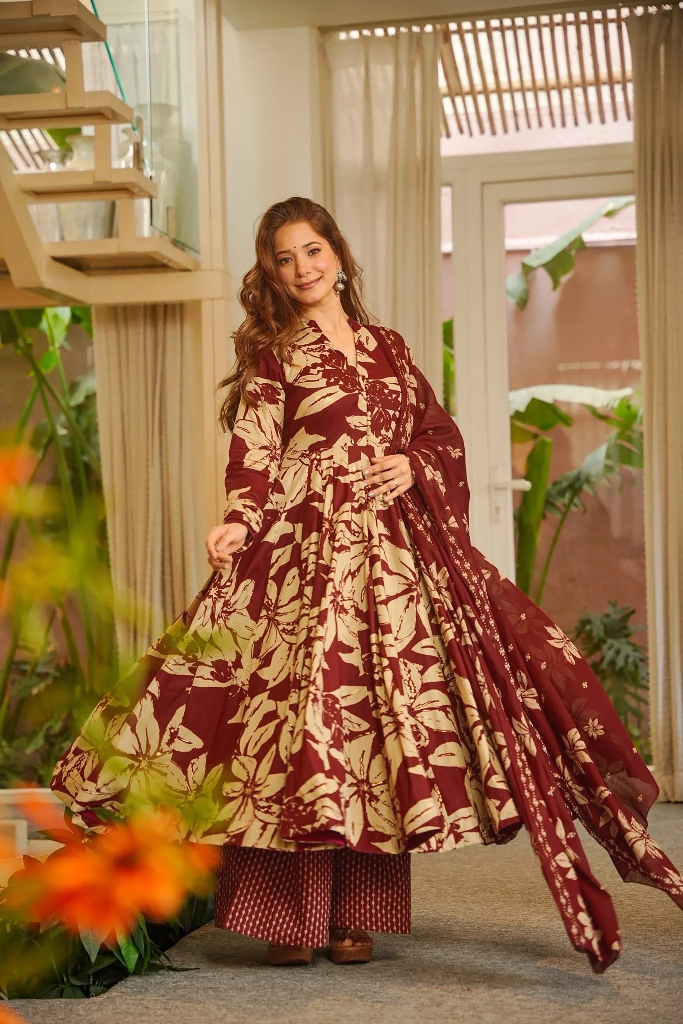 Burgundy Floral A-Line Palazzo Suit