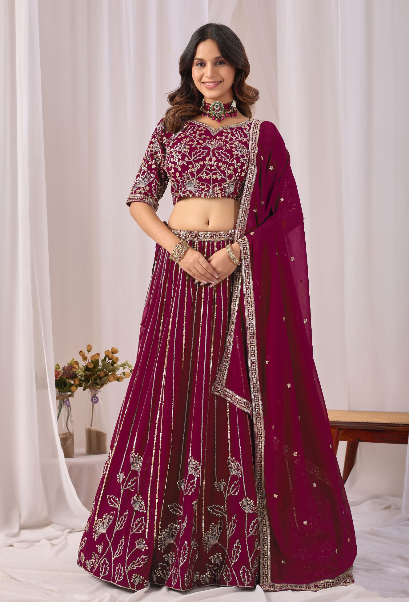 Burgundy Floral Embroidered Faux Georgette Lehenga Set