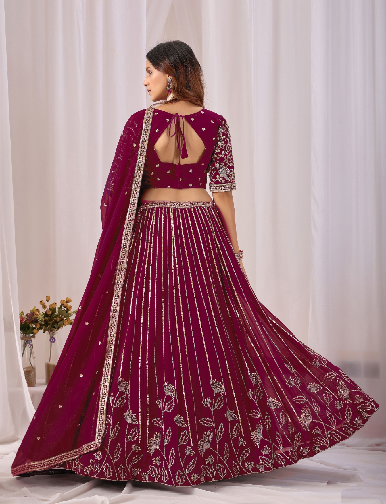 Burgundy Floral Embroidered Faux Georgette Lehenga Set — alternate view