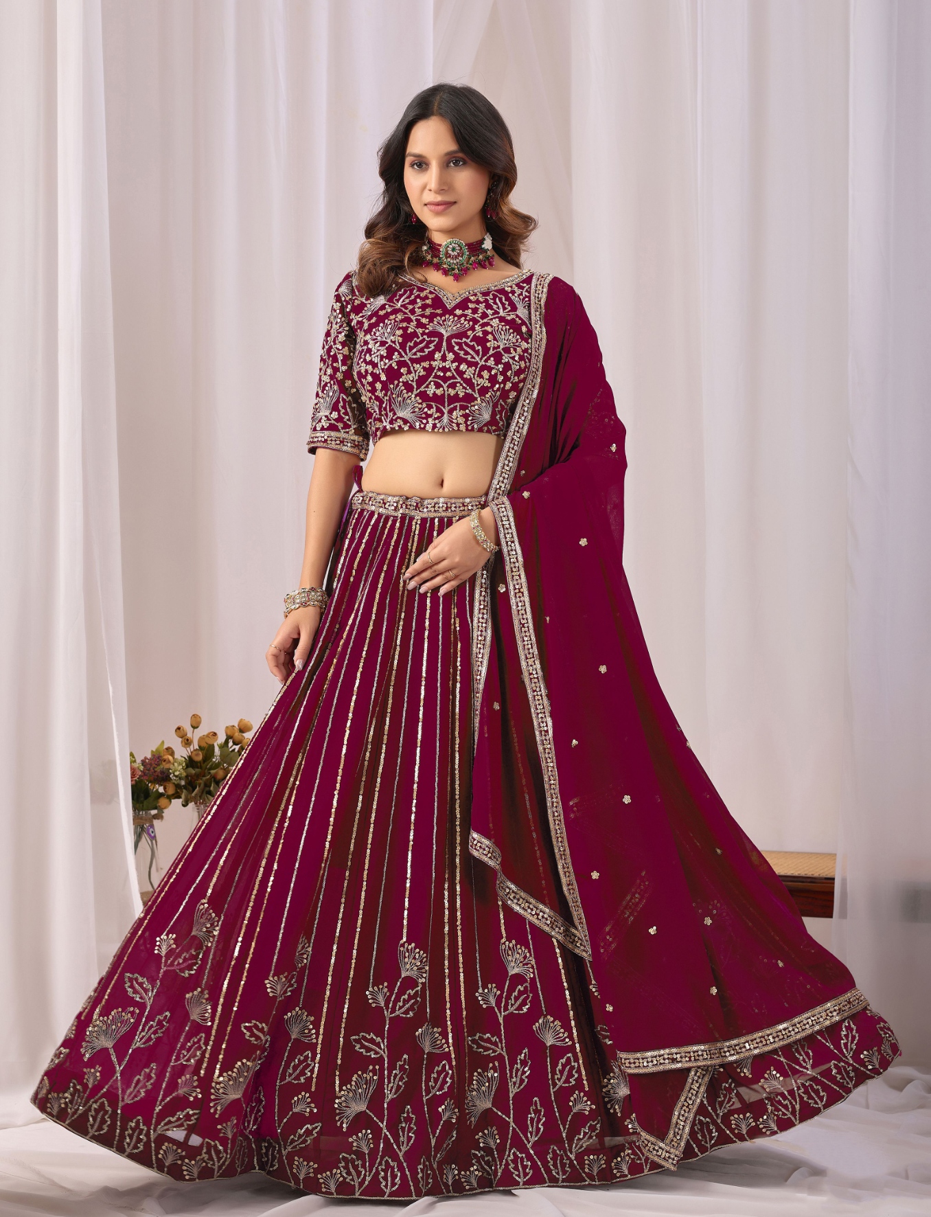 Burgundy Floral Embroidered Faux Georgette Lehenga Set