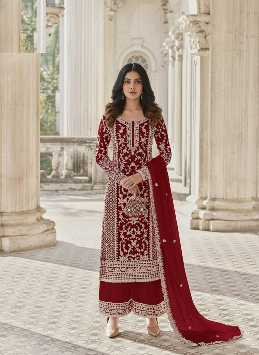 Burgundy Floral Net Palazzo Suit